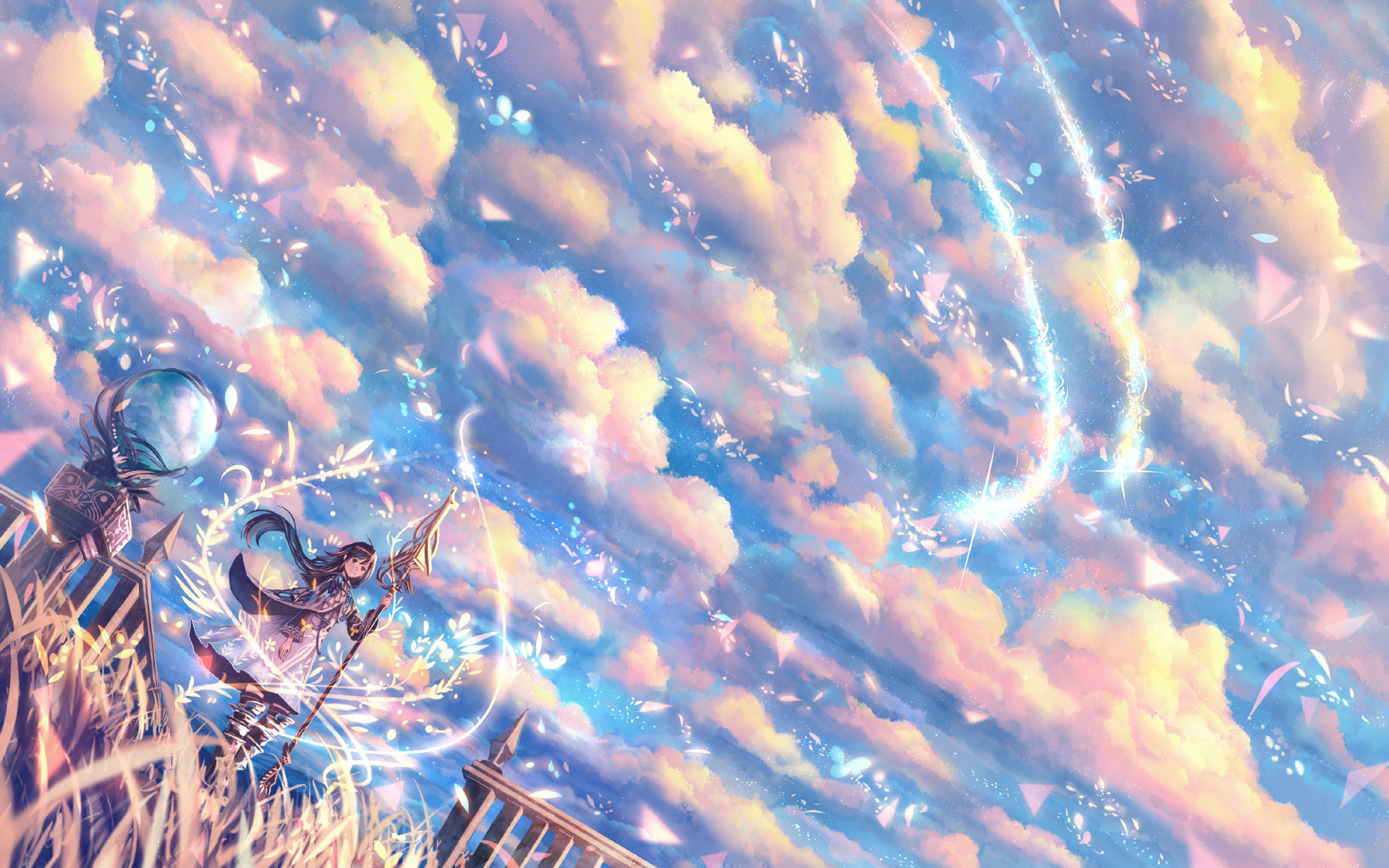 Girl with spear and orb in a fantasy sky HD Wallpaper