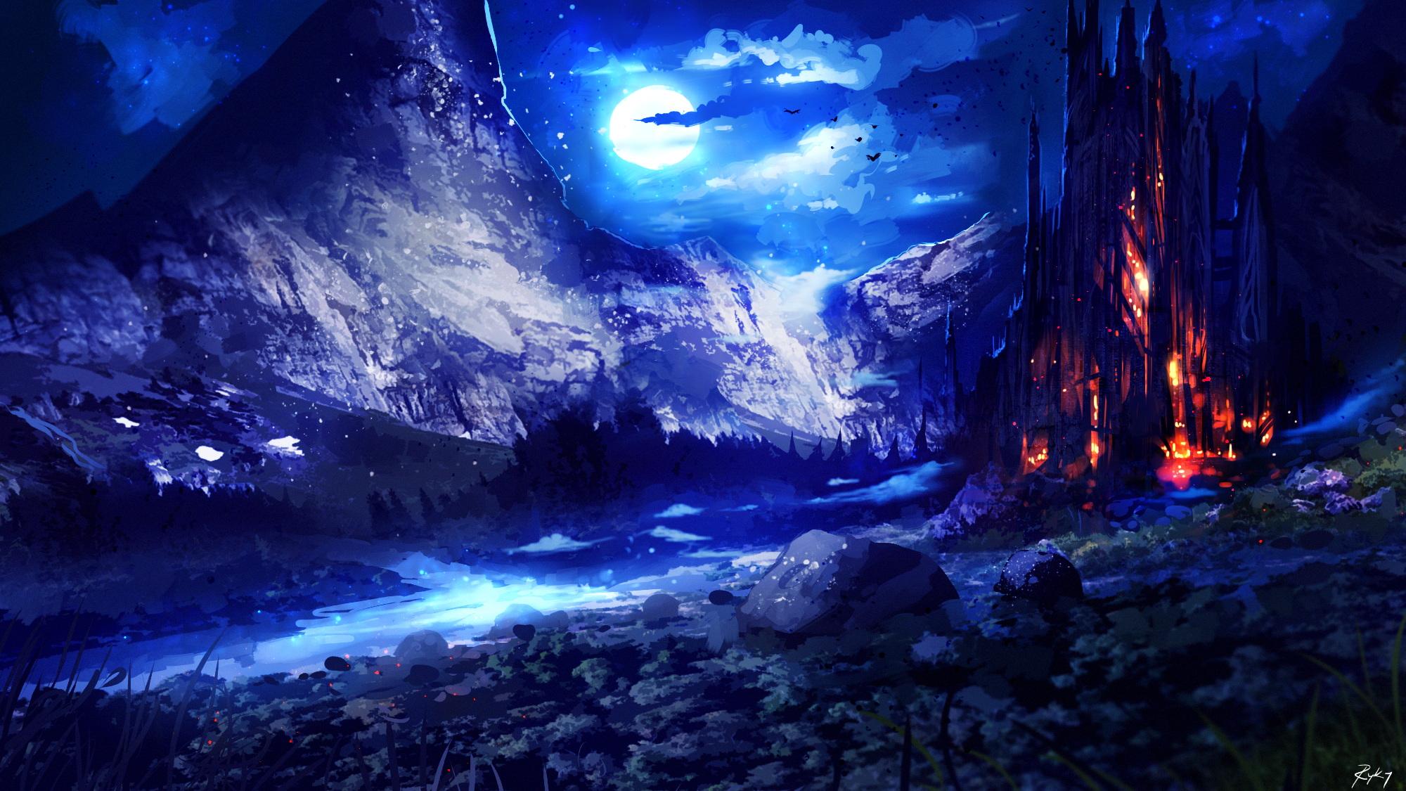 Fantasy Castle on a Mountain Landscape at Night HD Wallpaper