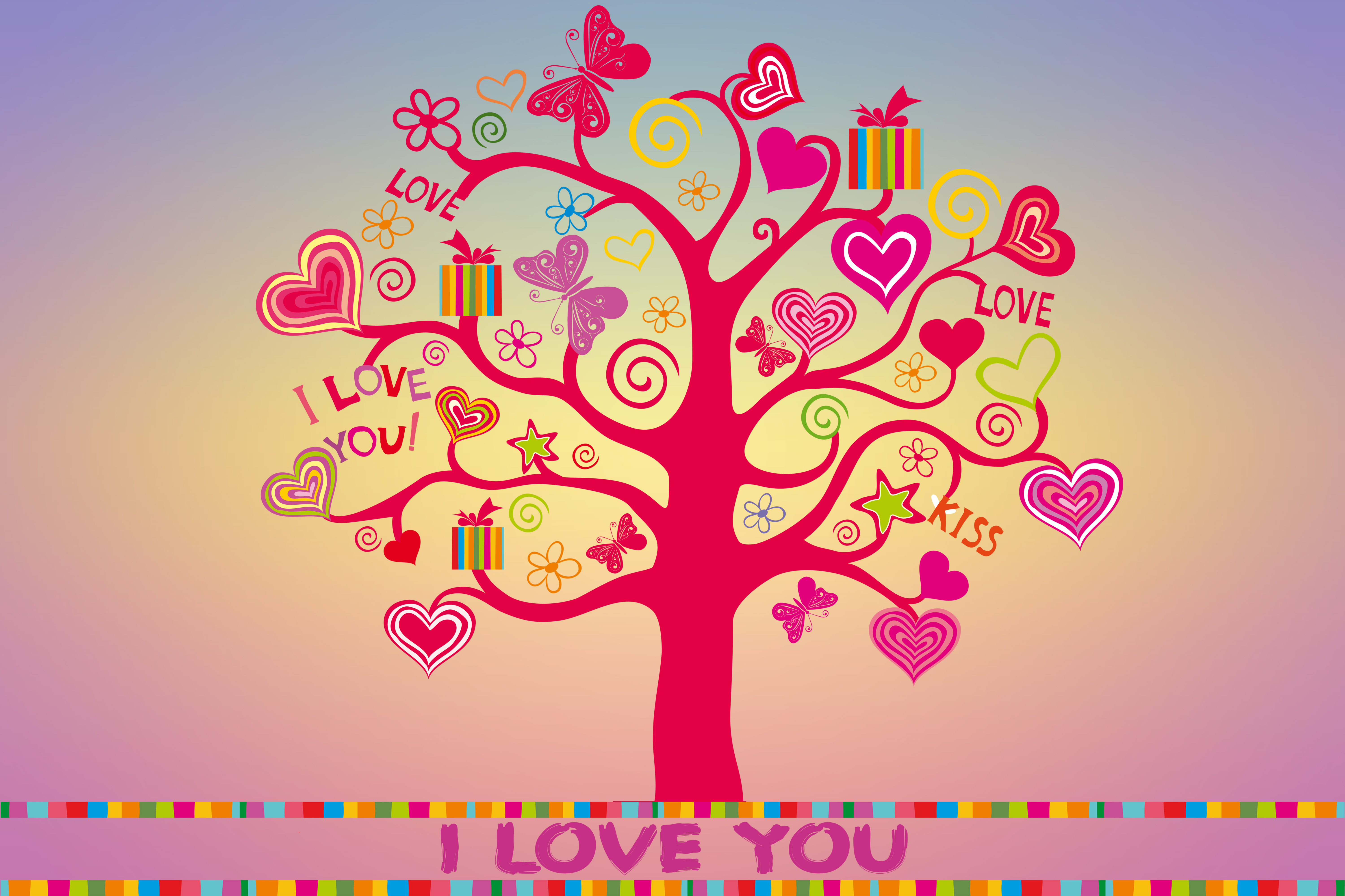 Love Tree with Hearts, Butterflies, and Gifts HD Wallpaper