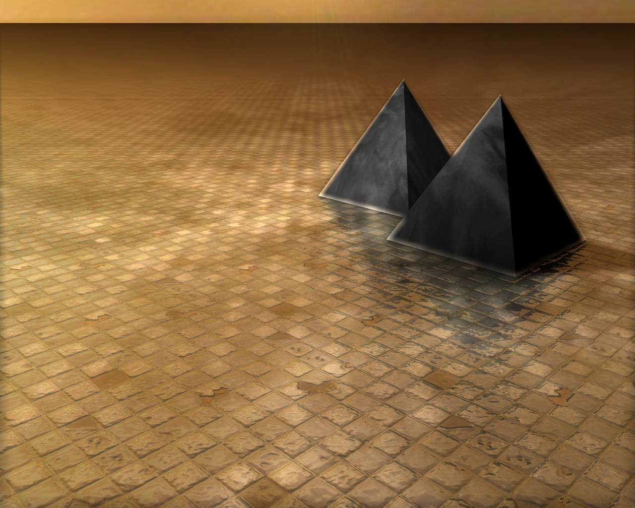Two black pyramids on a tiled surface HD Wallpaper