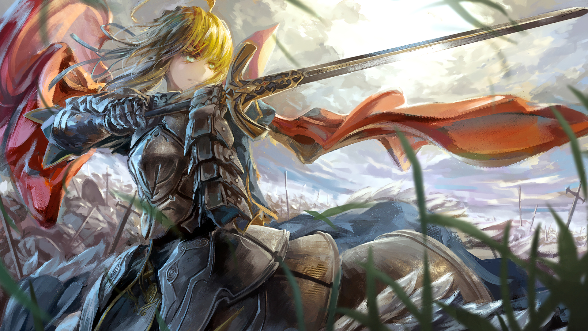 Saber from Fate Series with Sword and Armor HD Wallpaper