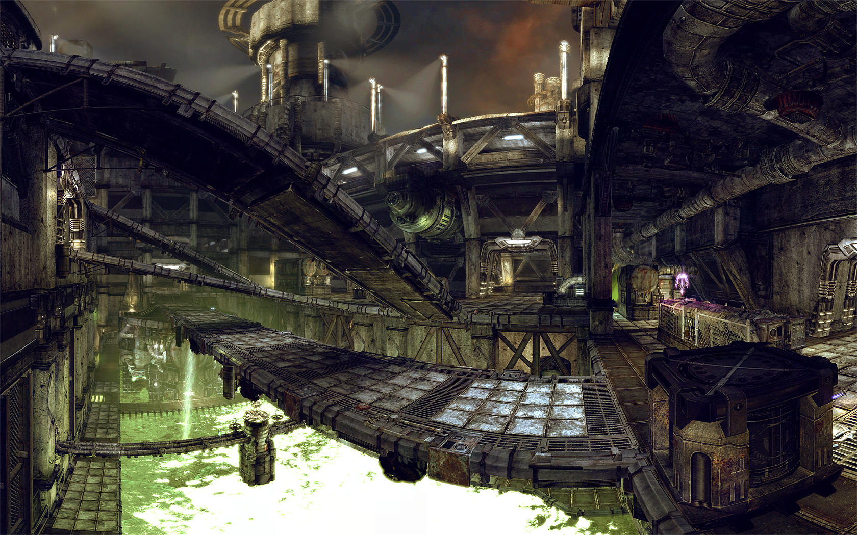 Unreal Tournament industrial complex with green liquid HD Wallpaper