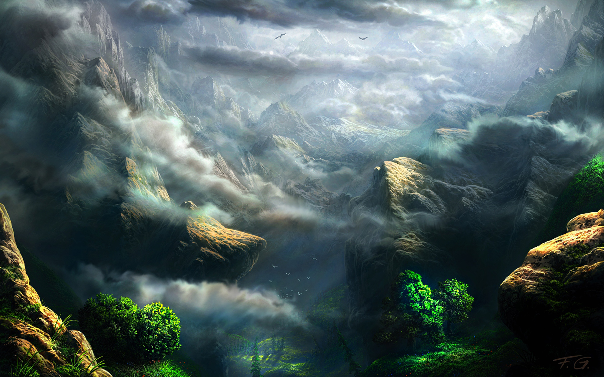 Fantasy mountain landscape with fog and birds HD Wallpaper