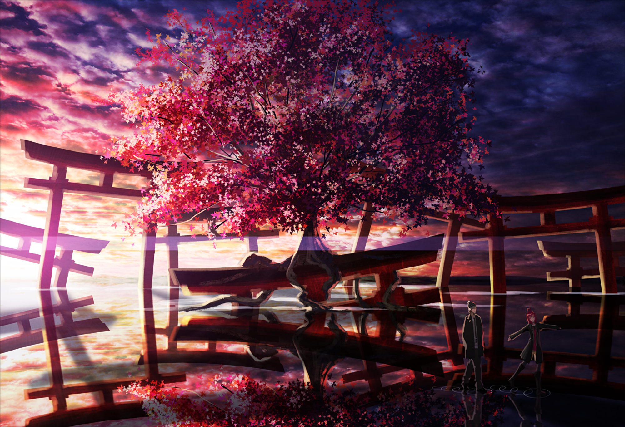 Sakura tree and torii gates reflected in water HD Wallpaper