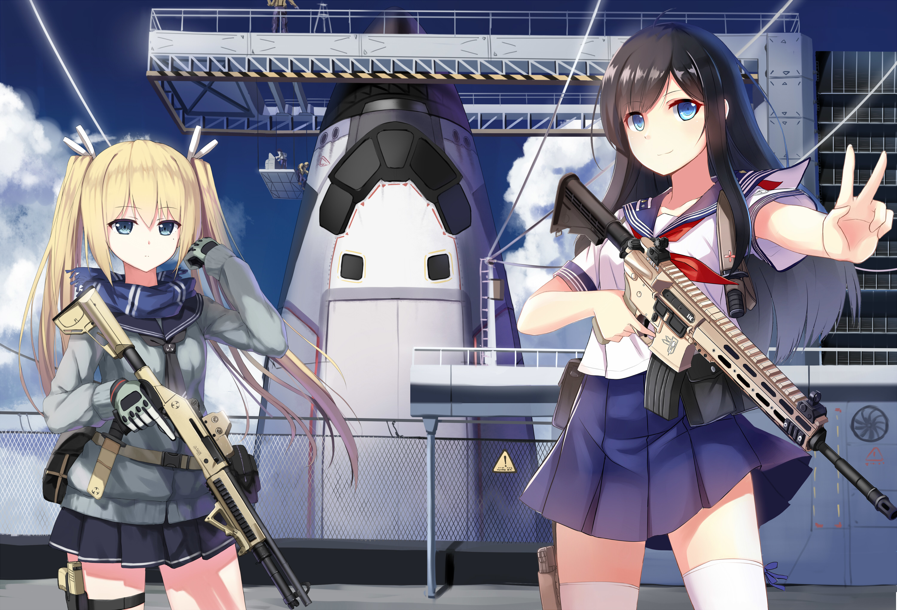 Anime girls with guns on a spaceship deck HD Wallpaper