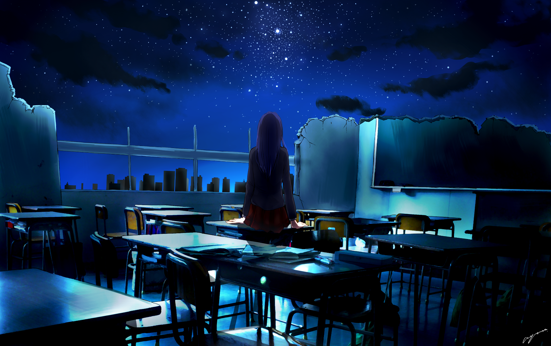 Girl in a classroom at night HD Wallpaper