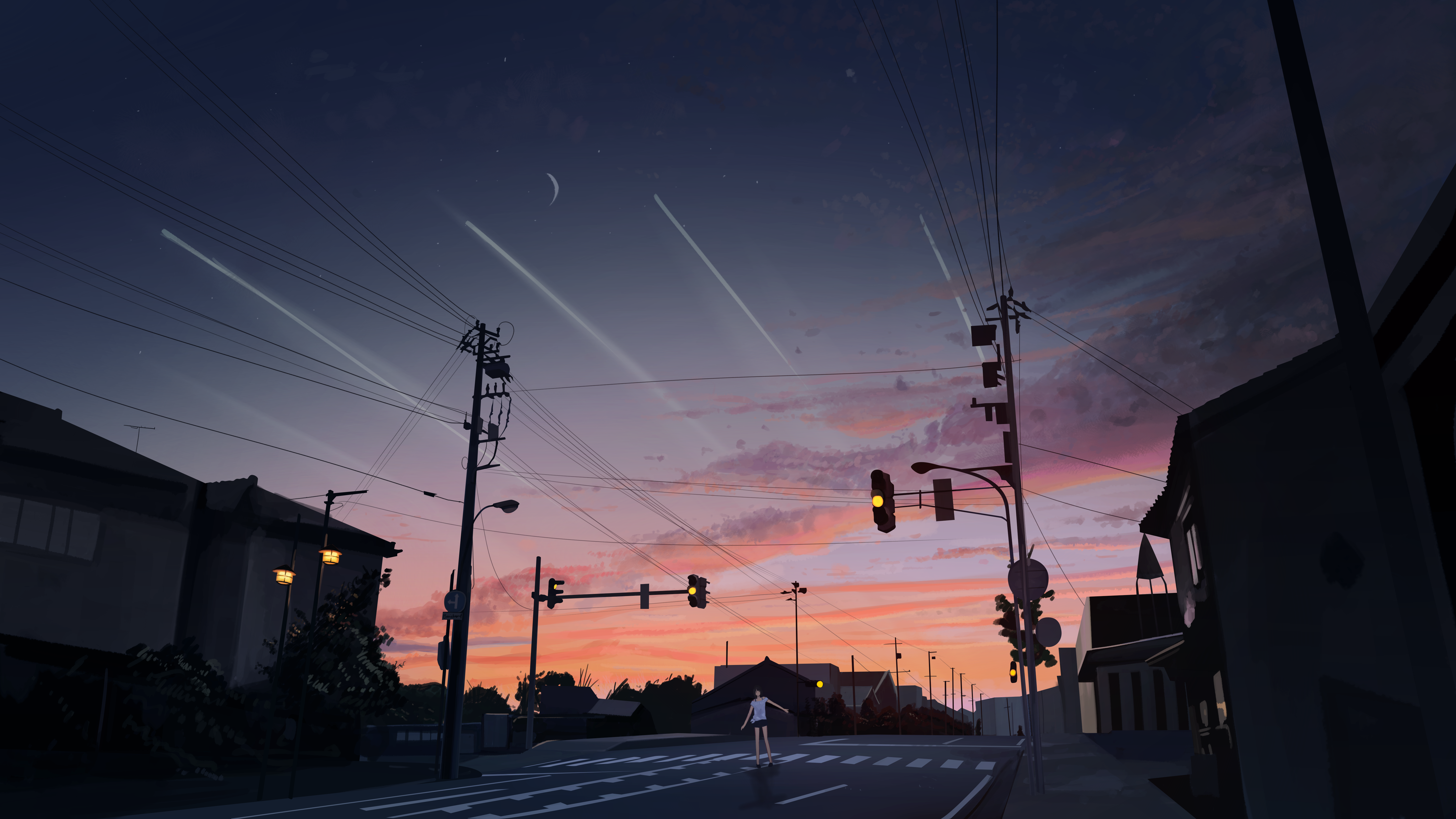 Anime street scene at sunset with shooting stars HD Wallpaper