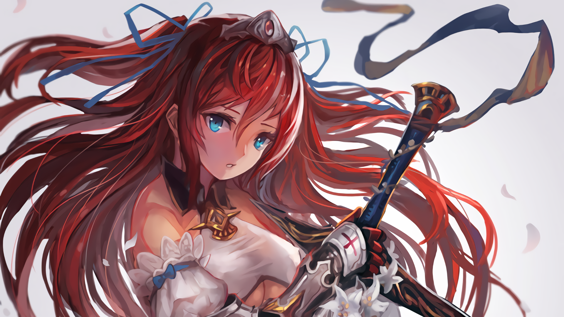 Anime girl with red hair and blue eyes holding a sword HD Wallpaper