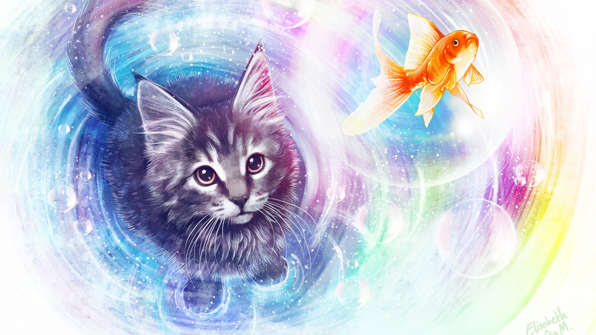 Cat looking at a goldfish in a colorful swirl HD Wallpaper