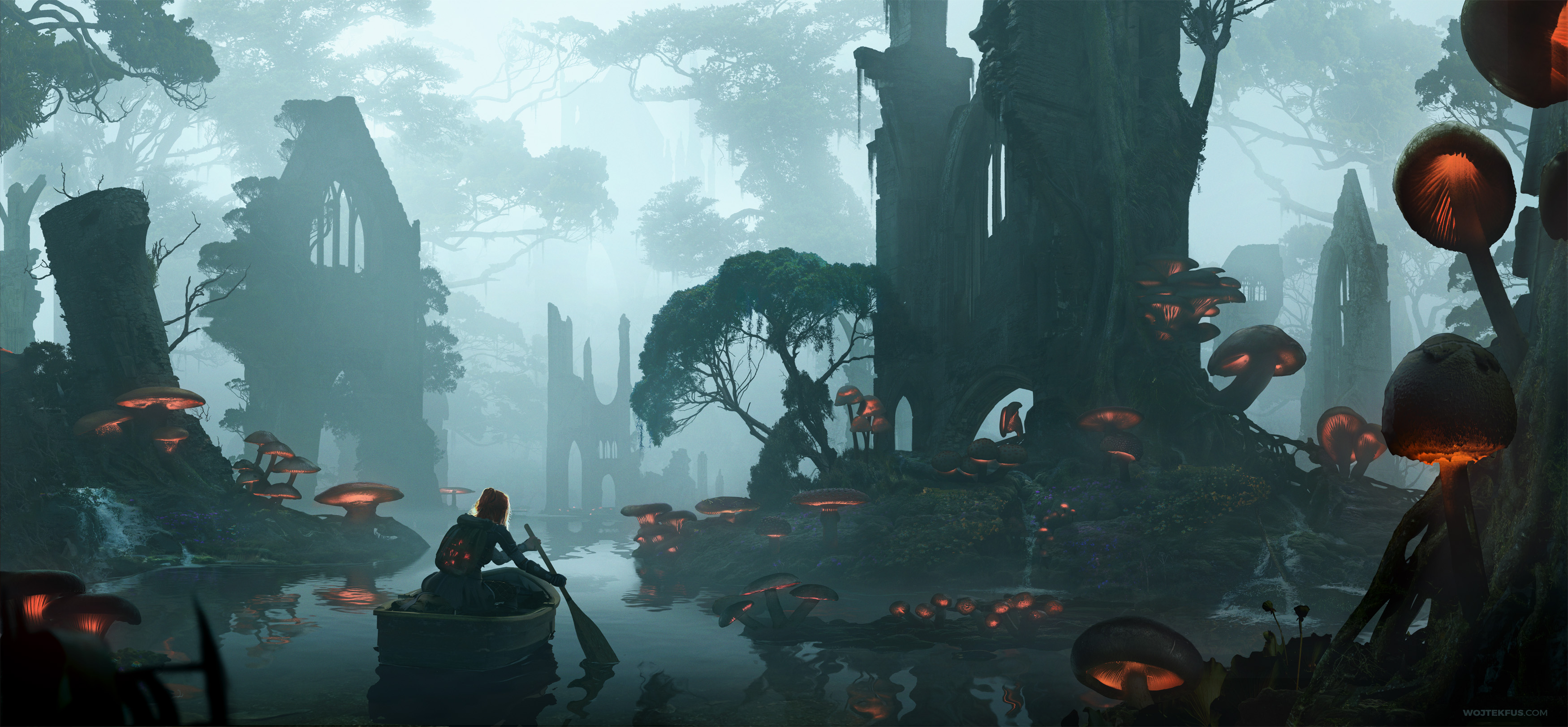 Girl rowing boat through glowing mushroom forest ruins HD Wallpaper