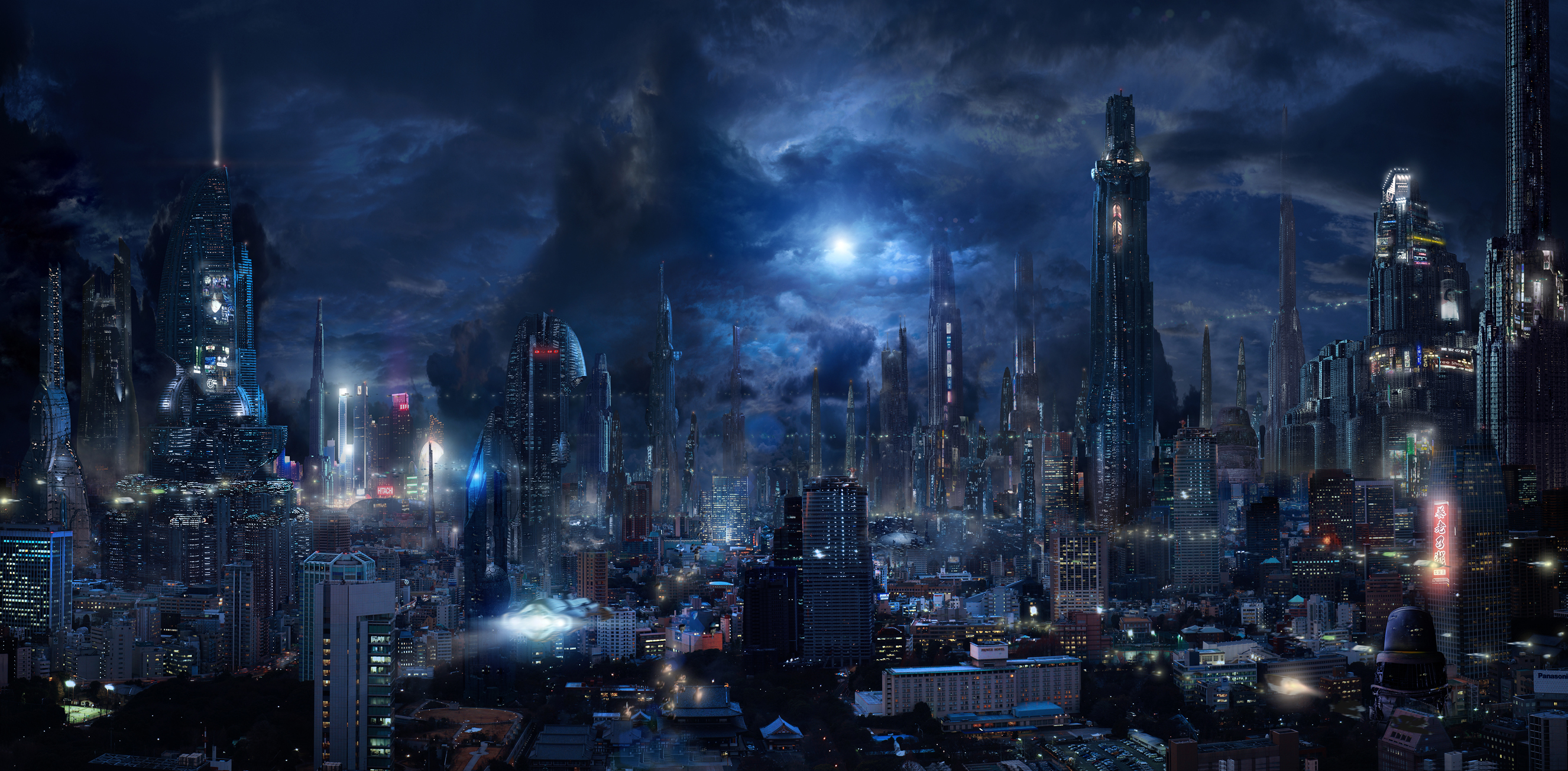 Futuristic city cityscape at night with skyscrapers HD Wallpaper