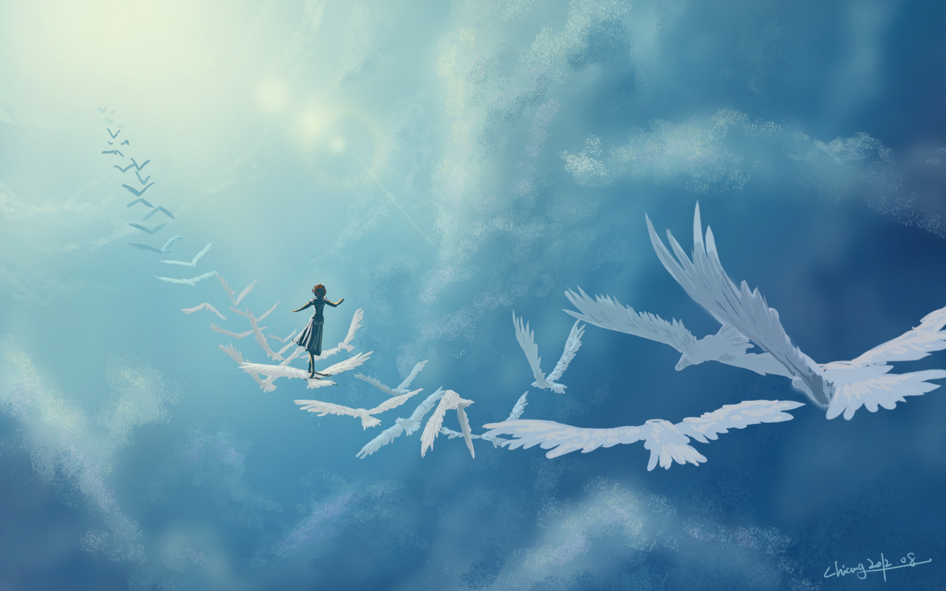Girl walking on birds in the sky HD Wallpaper