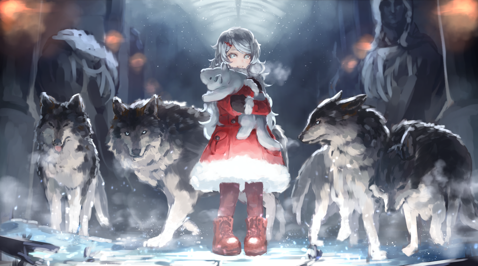 Girl in red coat with wolves in snowy environment HD Wallpaper