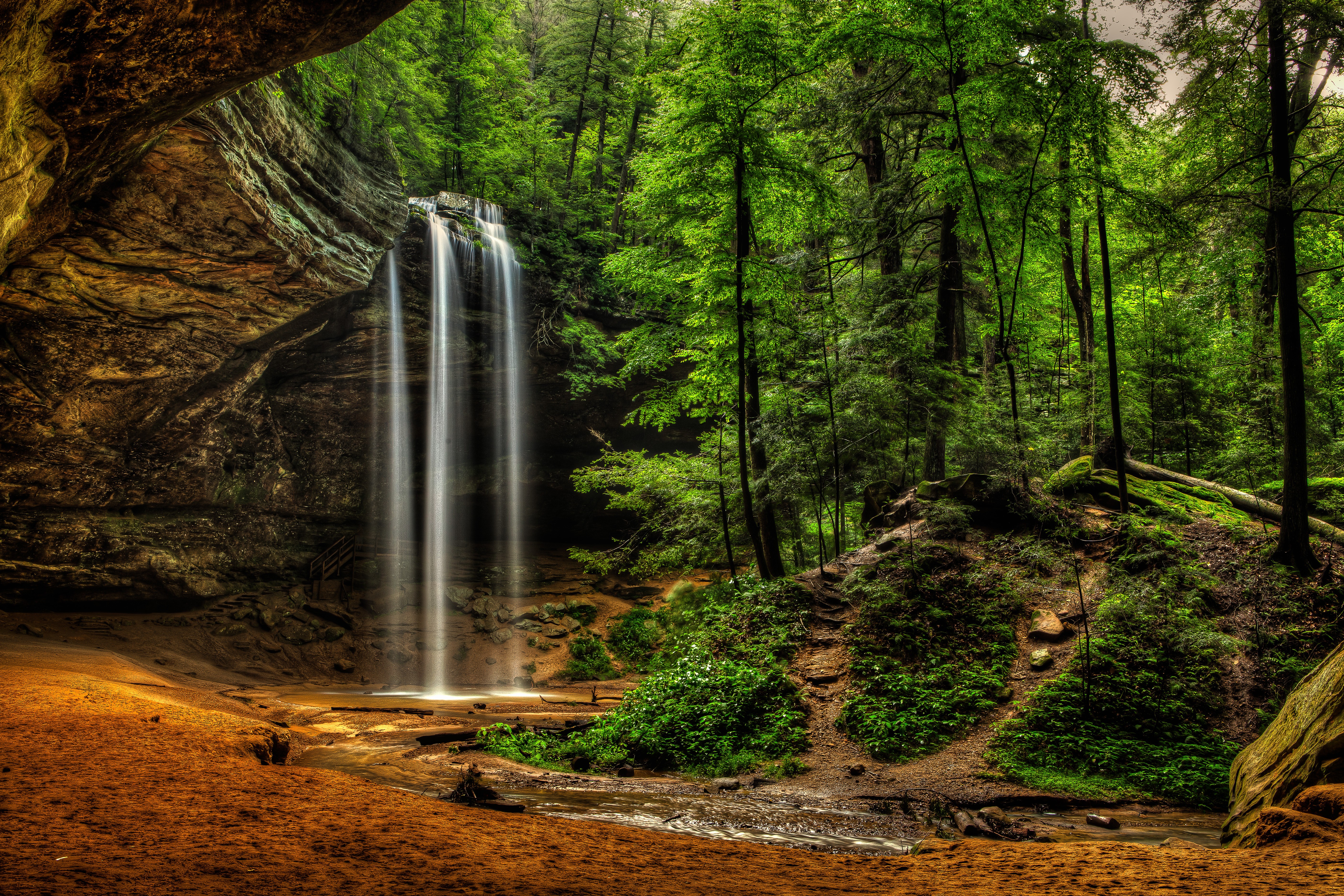 Waterfall in a lush green forest HD Wallpaper