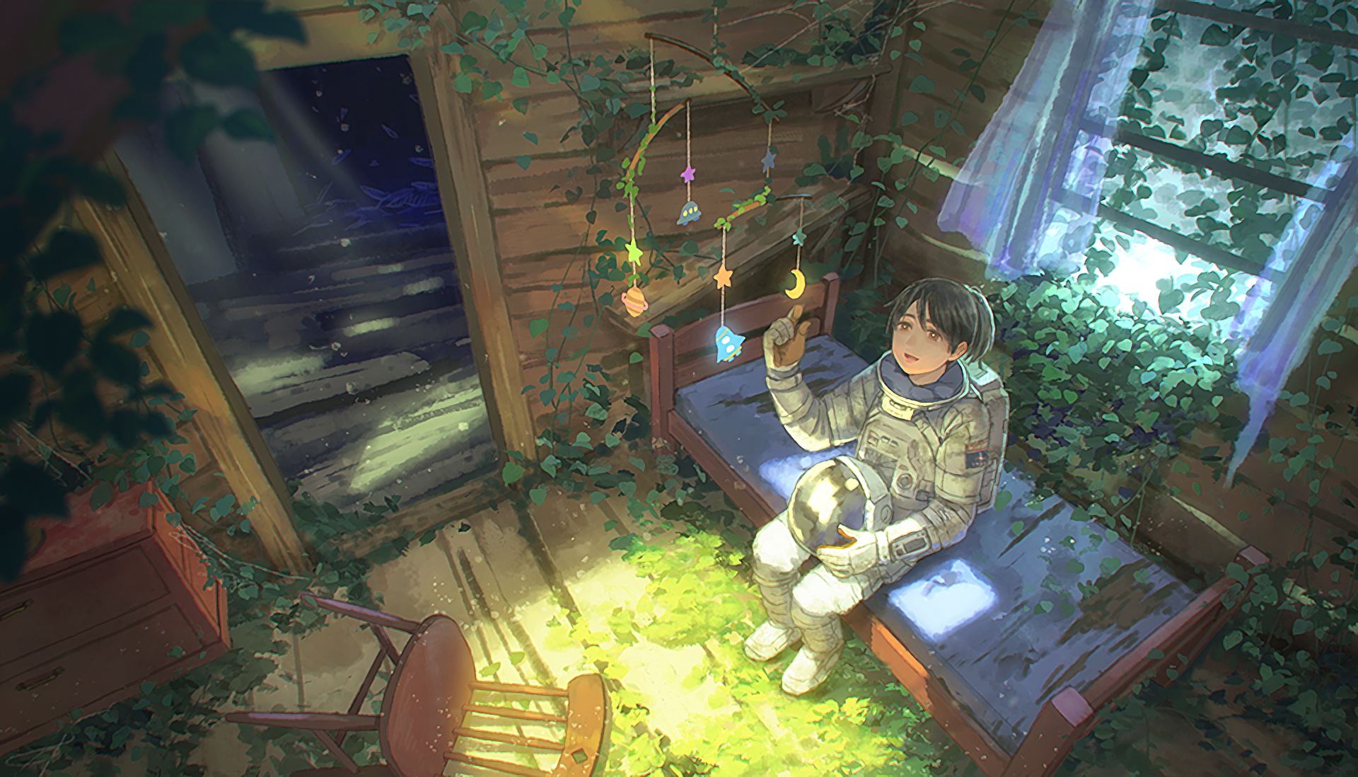 Astronaut in a derelict wooden room HD Wallpaper