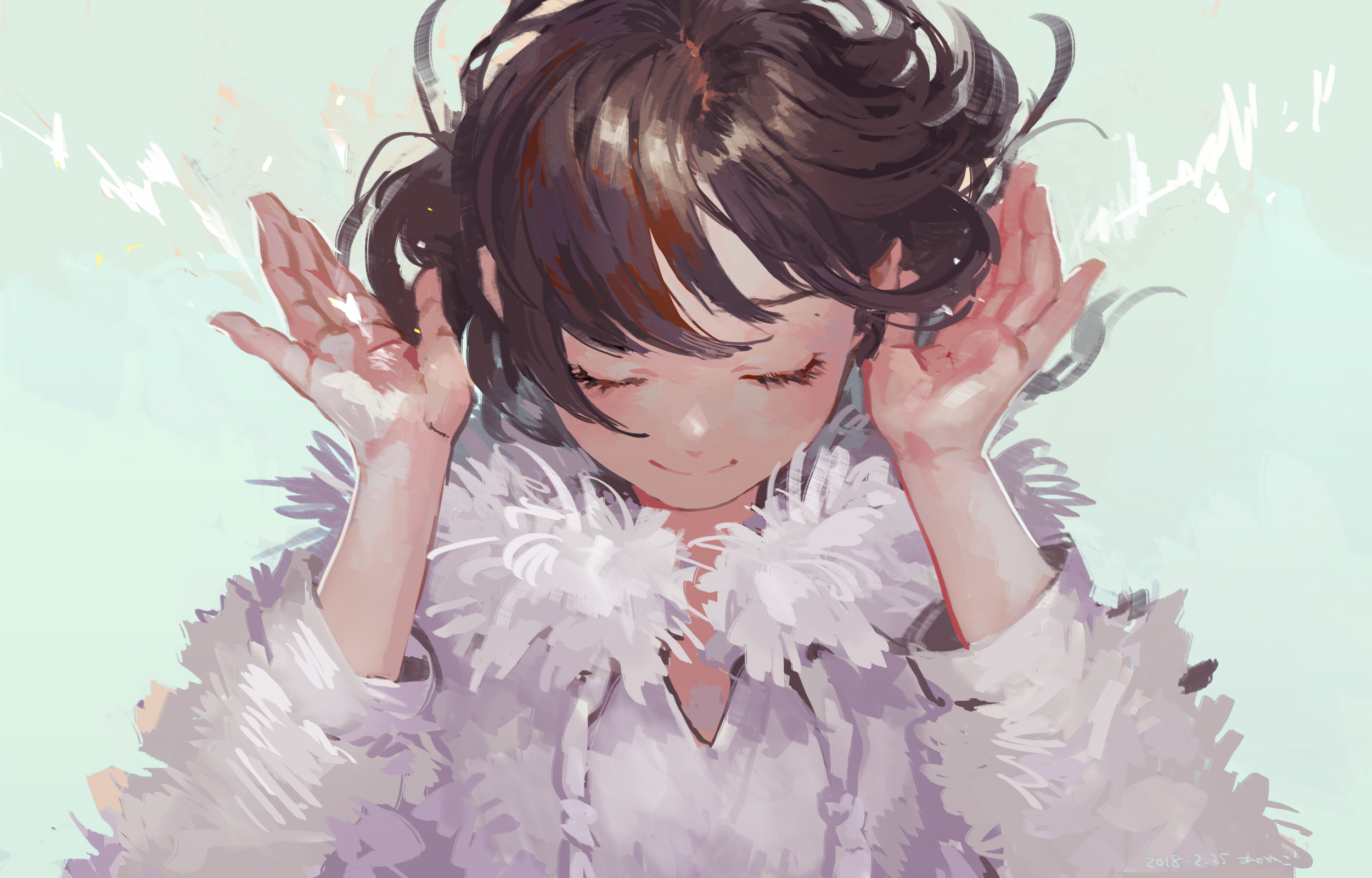 Girl with fluffy collar and hands near face HD Wallpaper