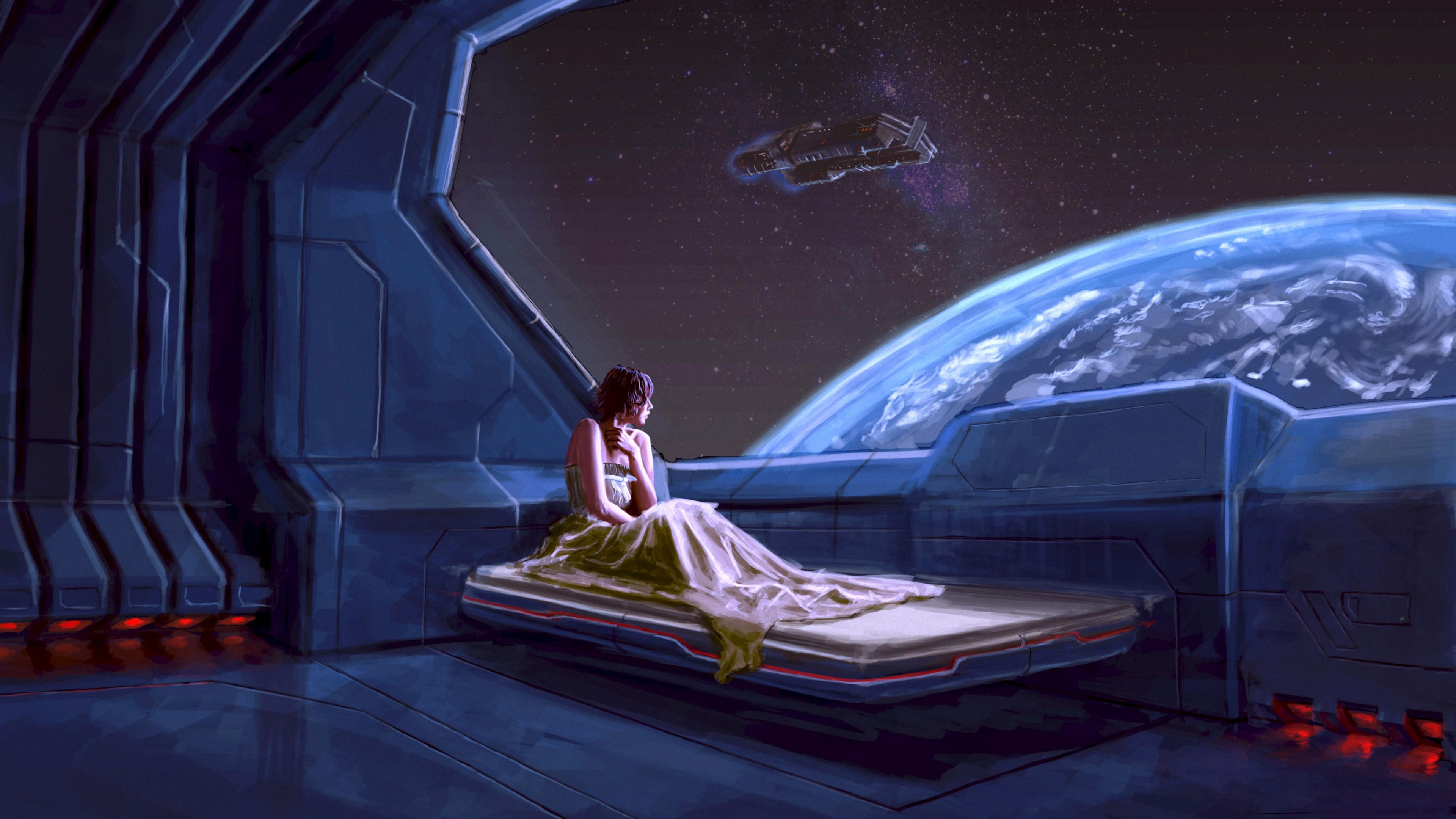 Girl in a spaceship looking at Earth HD Wallpaper