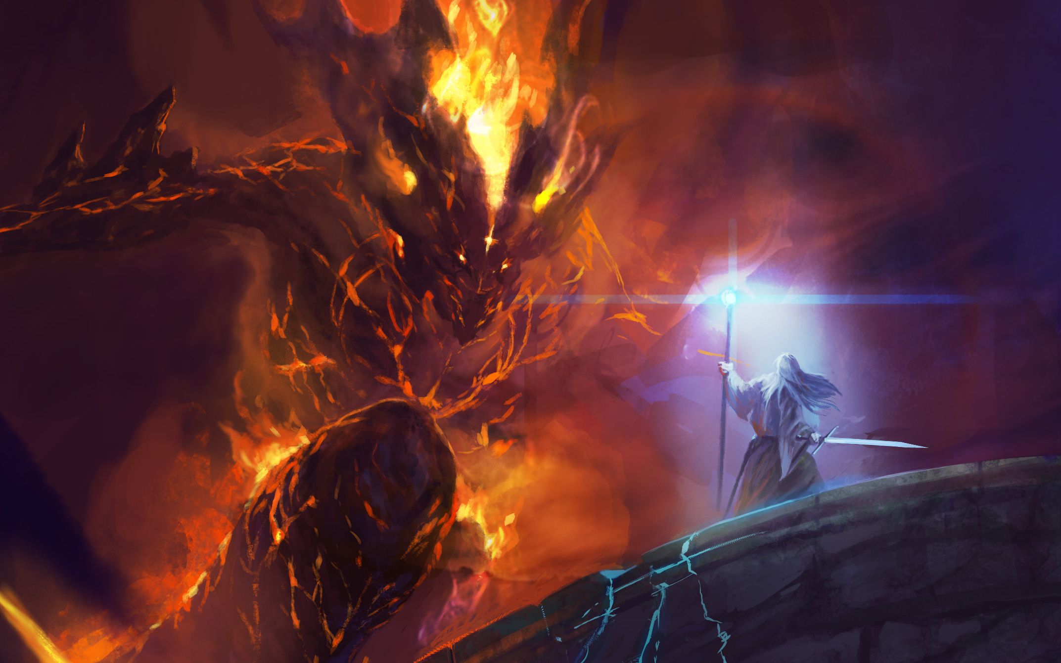 Gandalf fighting Balrog from Lord of the Rings HD Wallpaper