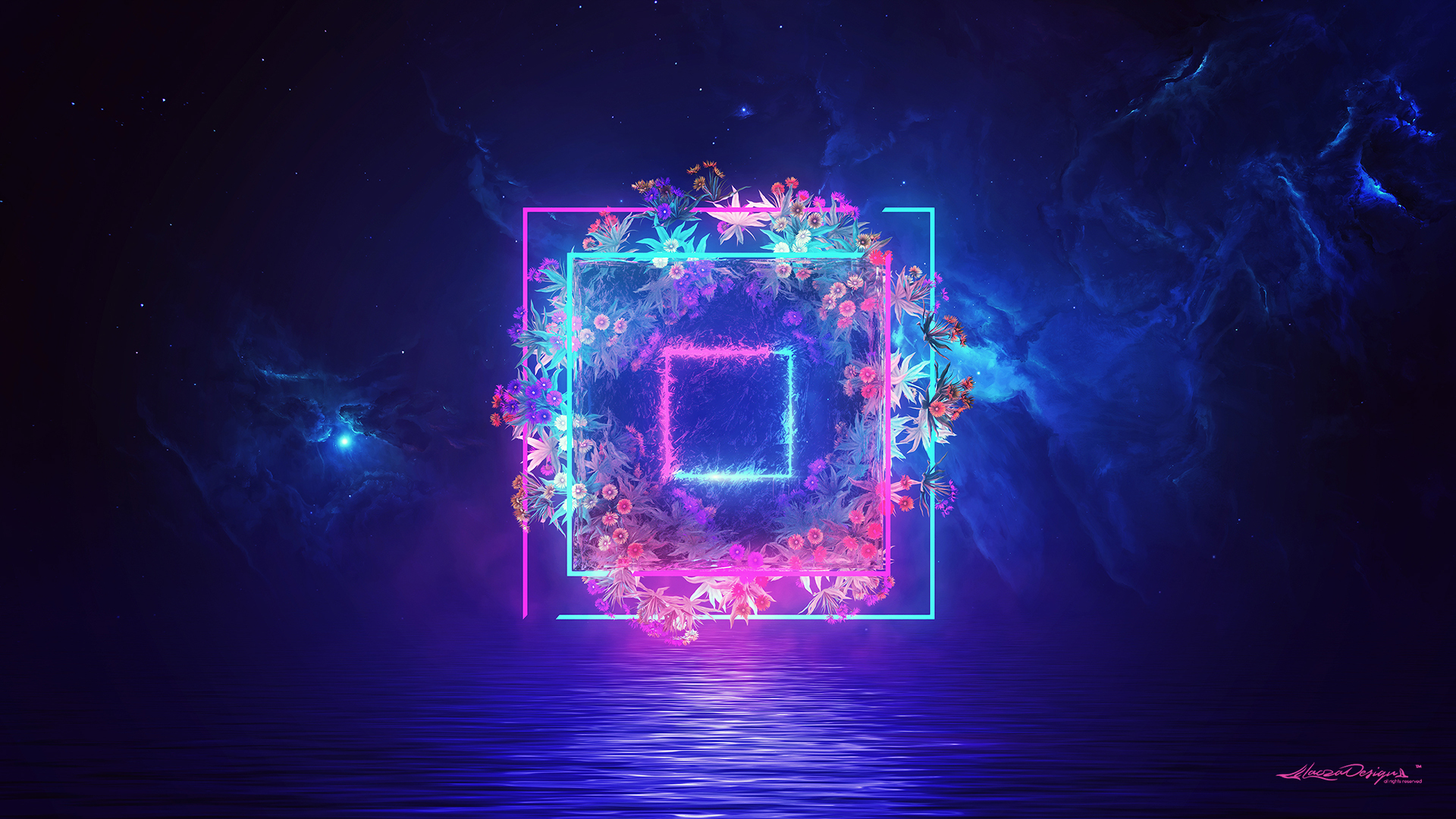 Neon Squares with Flowers in Nebula HD Wallpaper