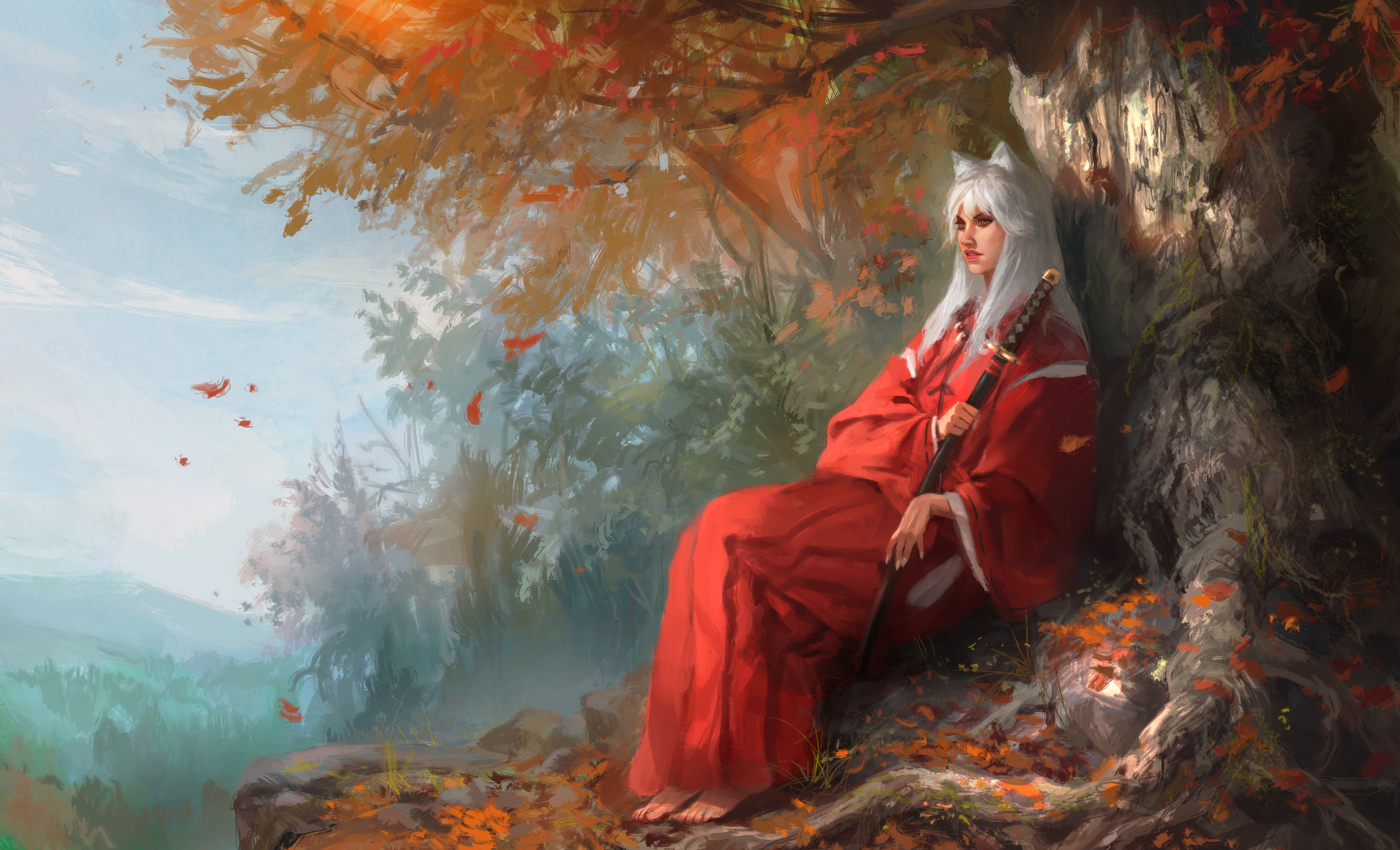 InuYasha sitting under a tree in autumn HD Wallpaper