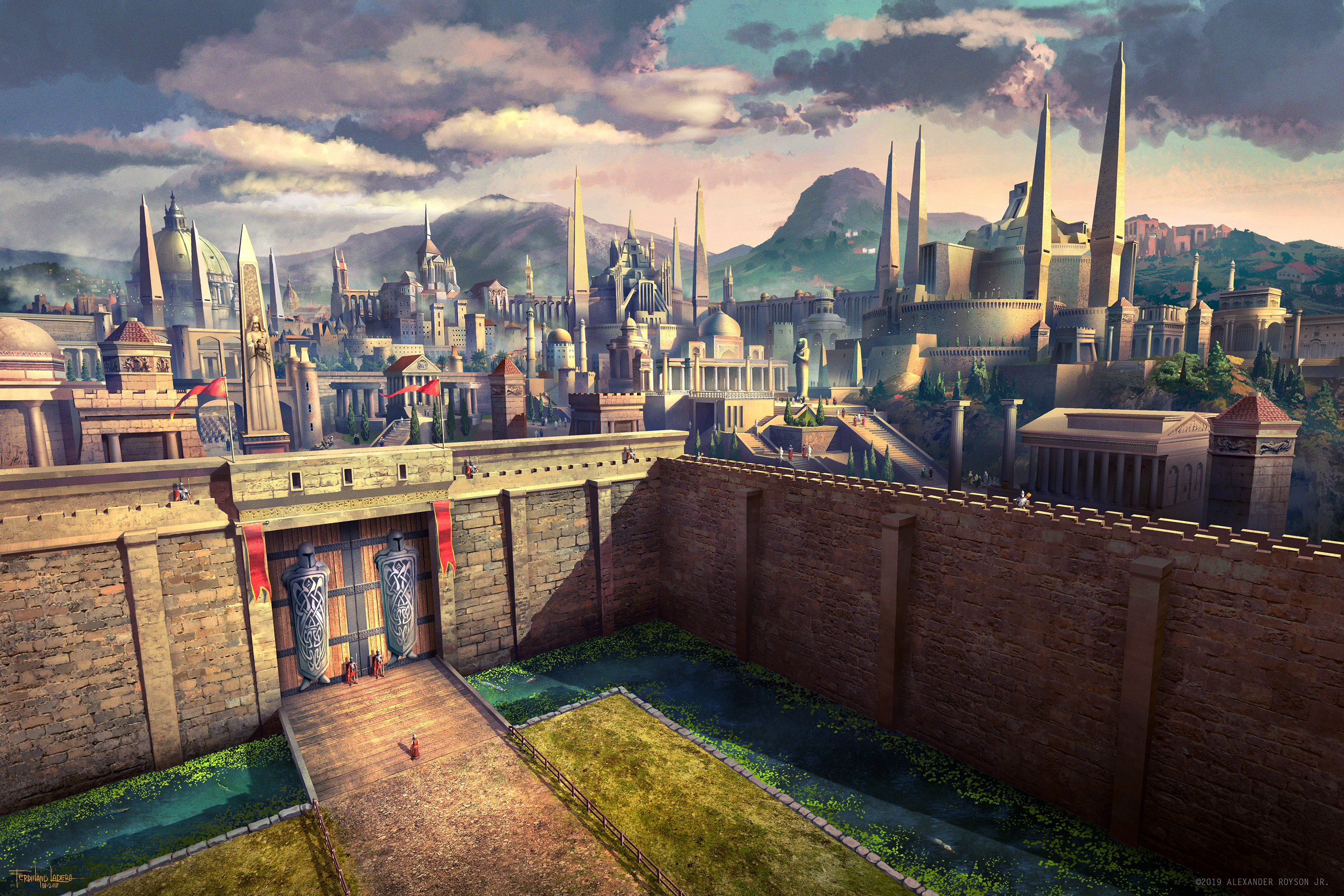 Ancient city with grand gate and towering spires HD Wallpaper