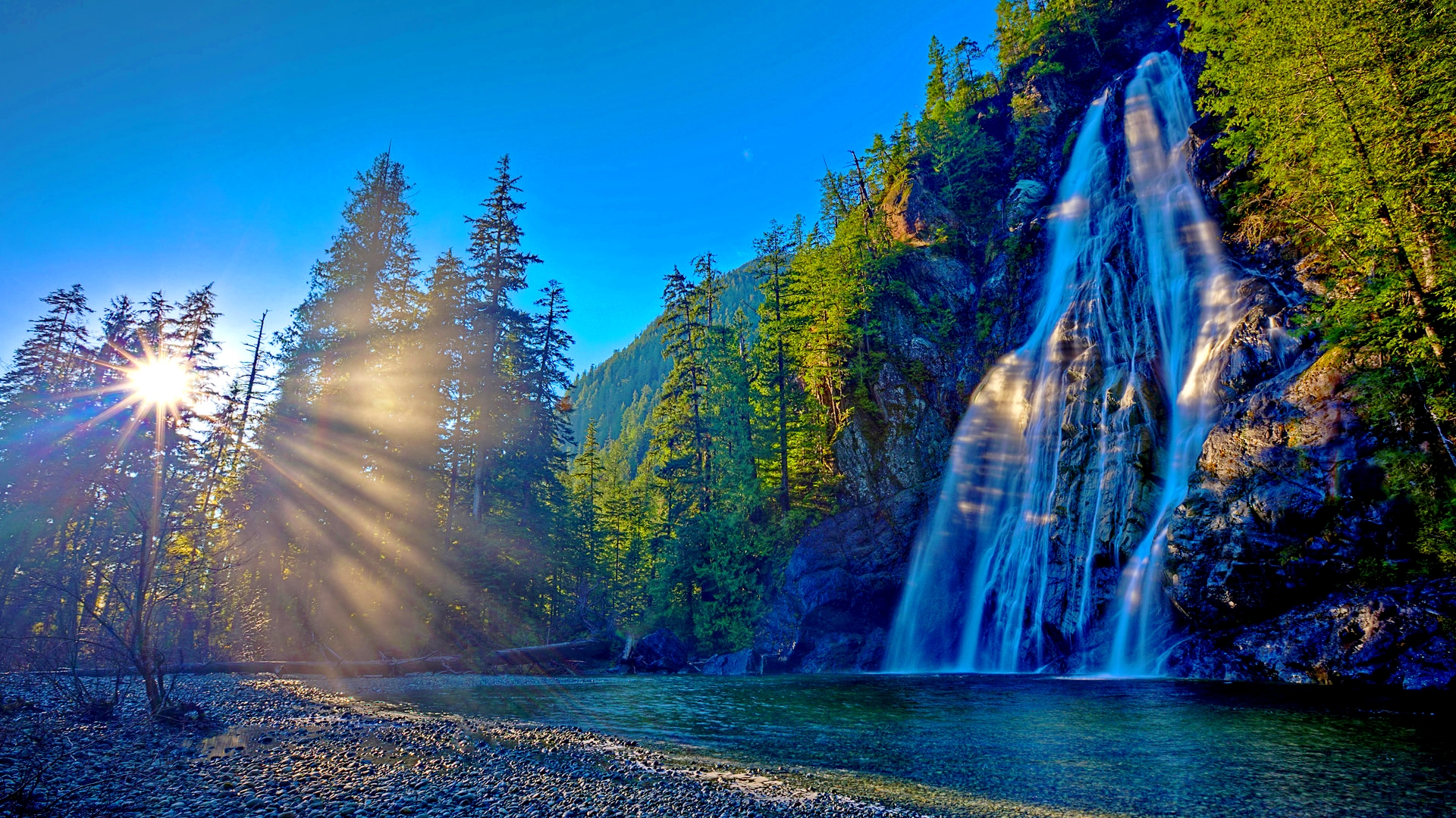 Sunrise over a forest with a waterfall and river HD Wallpaper