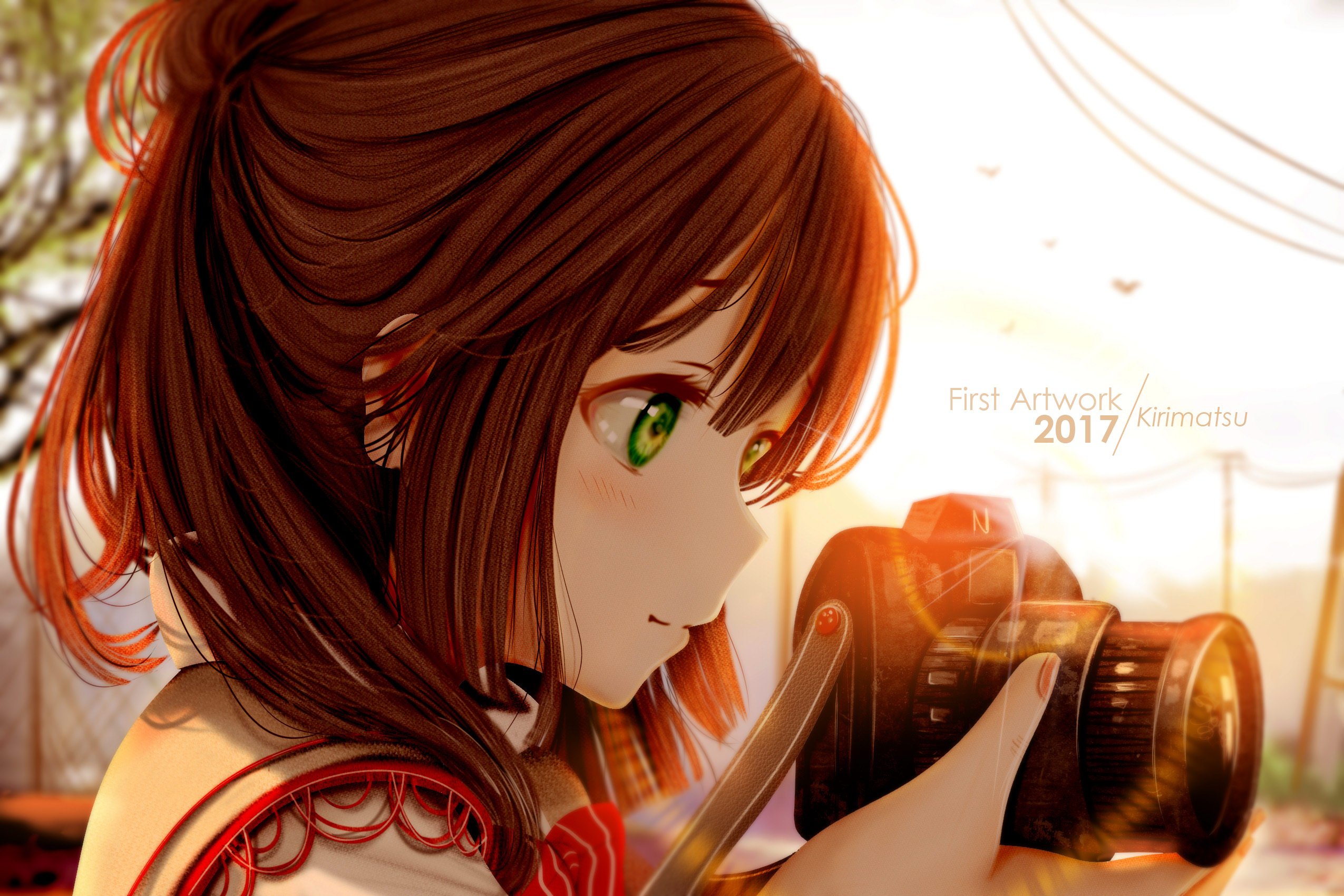 Anime girl with camera at sunset HD Wallpaper