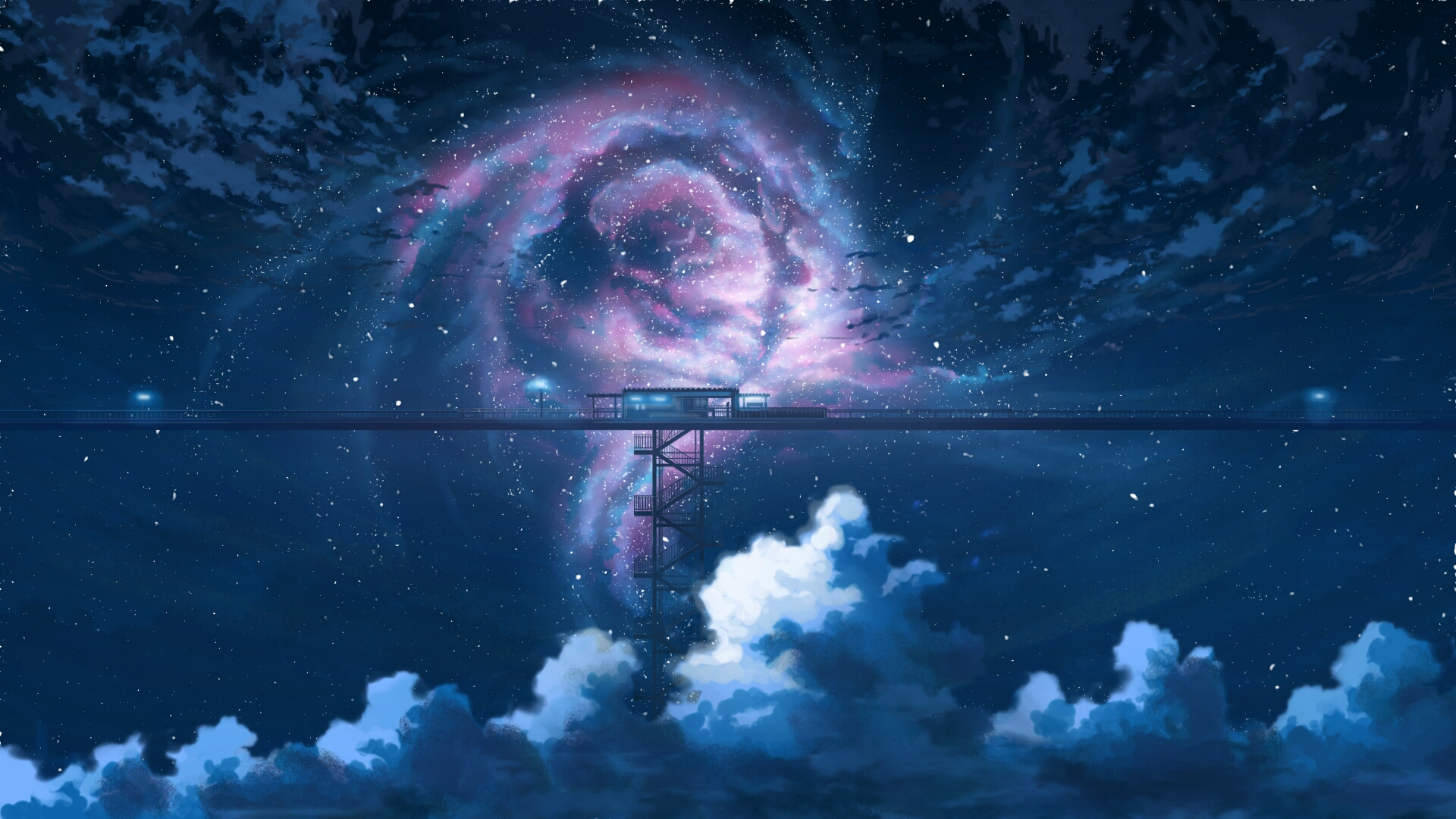 Anime train station under a galaxy HD Wallpaper