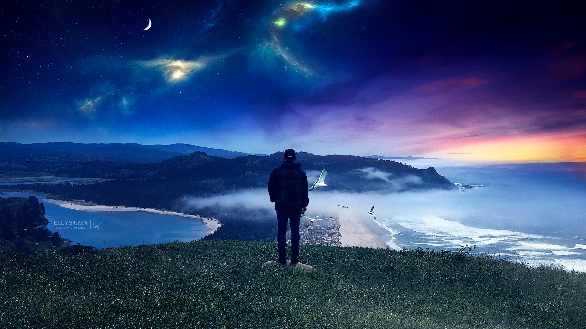 Man on cliff overlooking fantasy landscape at night and dawn HD Wallpaper