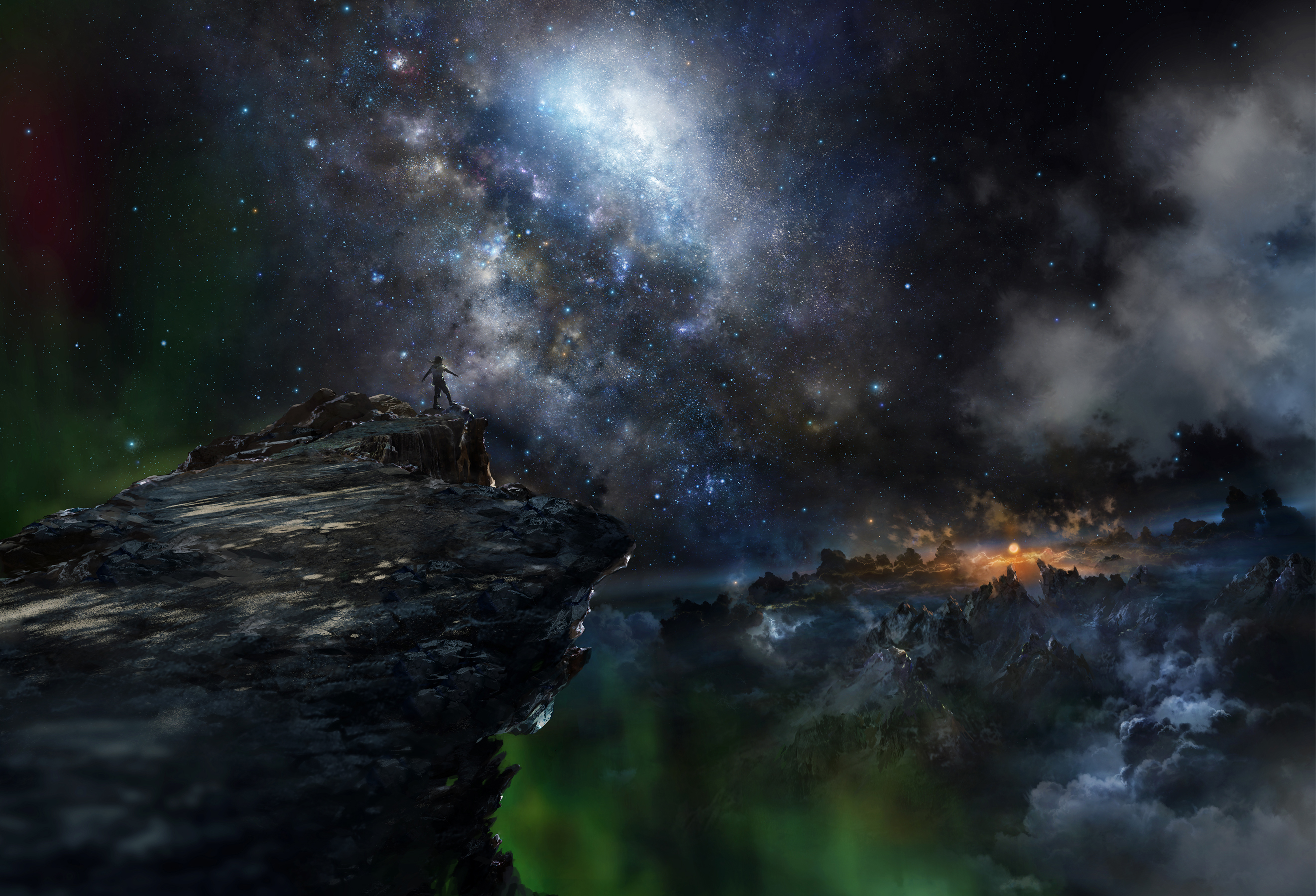 Boy on cliff overlooking galaxy and mountains HD Wallpaper