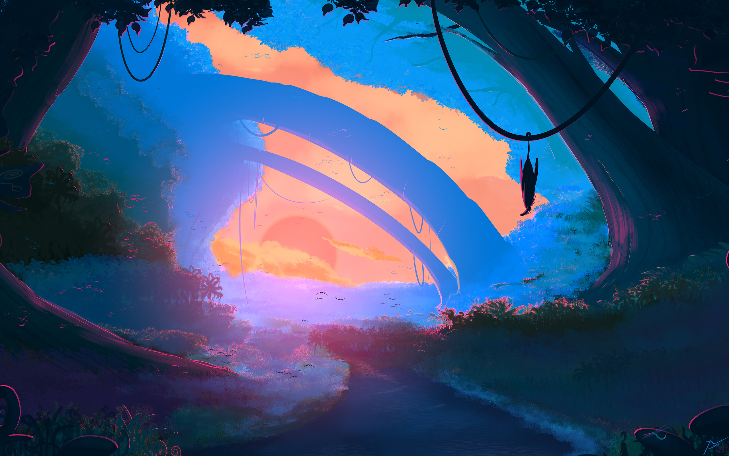 Surreal alien landscape with glowing flora and a river HD Wallpaper
