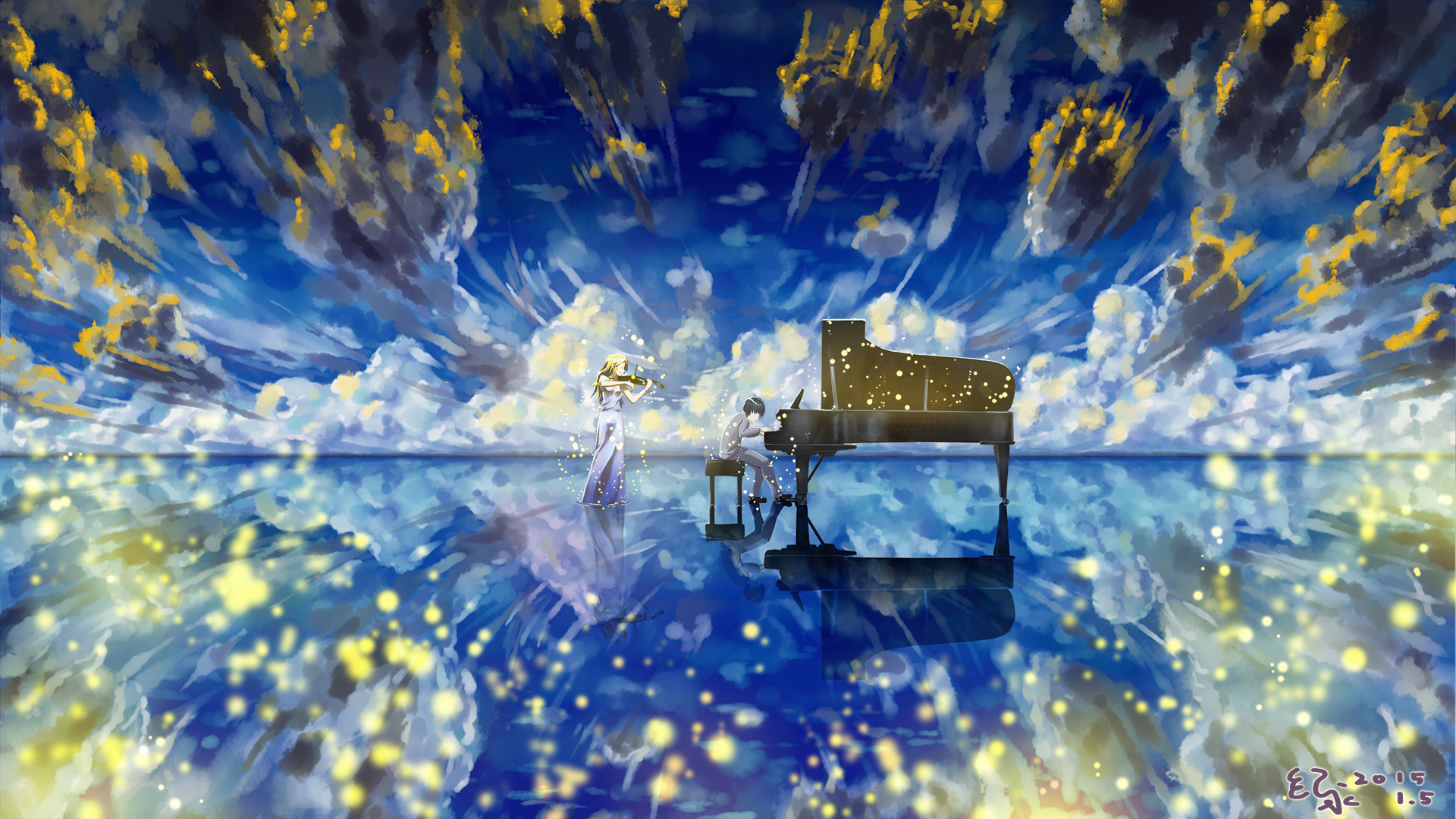 Kaori Miyazono and Kousei Arima playing music over the ocean HD Wallpaper