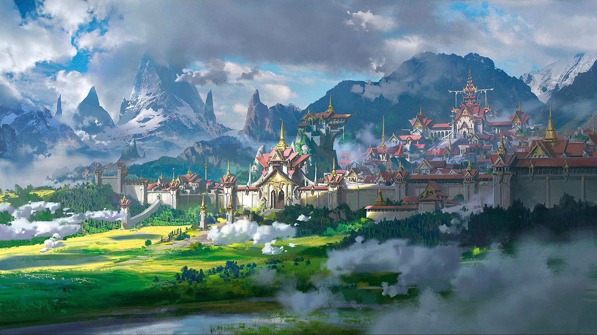 Fantasy city nestled in mountains with green fields HD Wallpaper