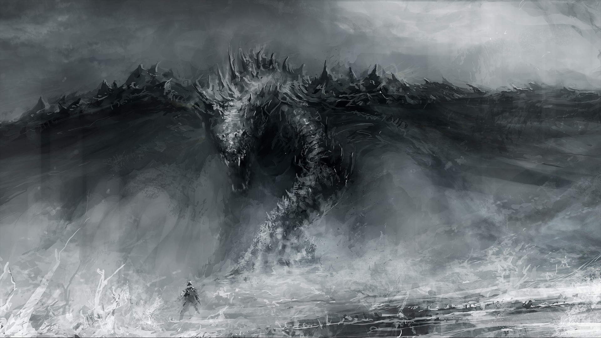 Dragon emerging from stormy waves with a lone warrior HD Wallpaper