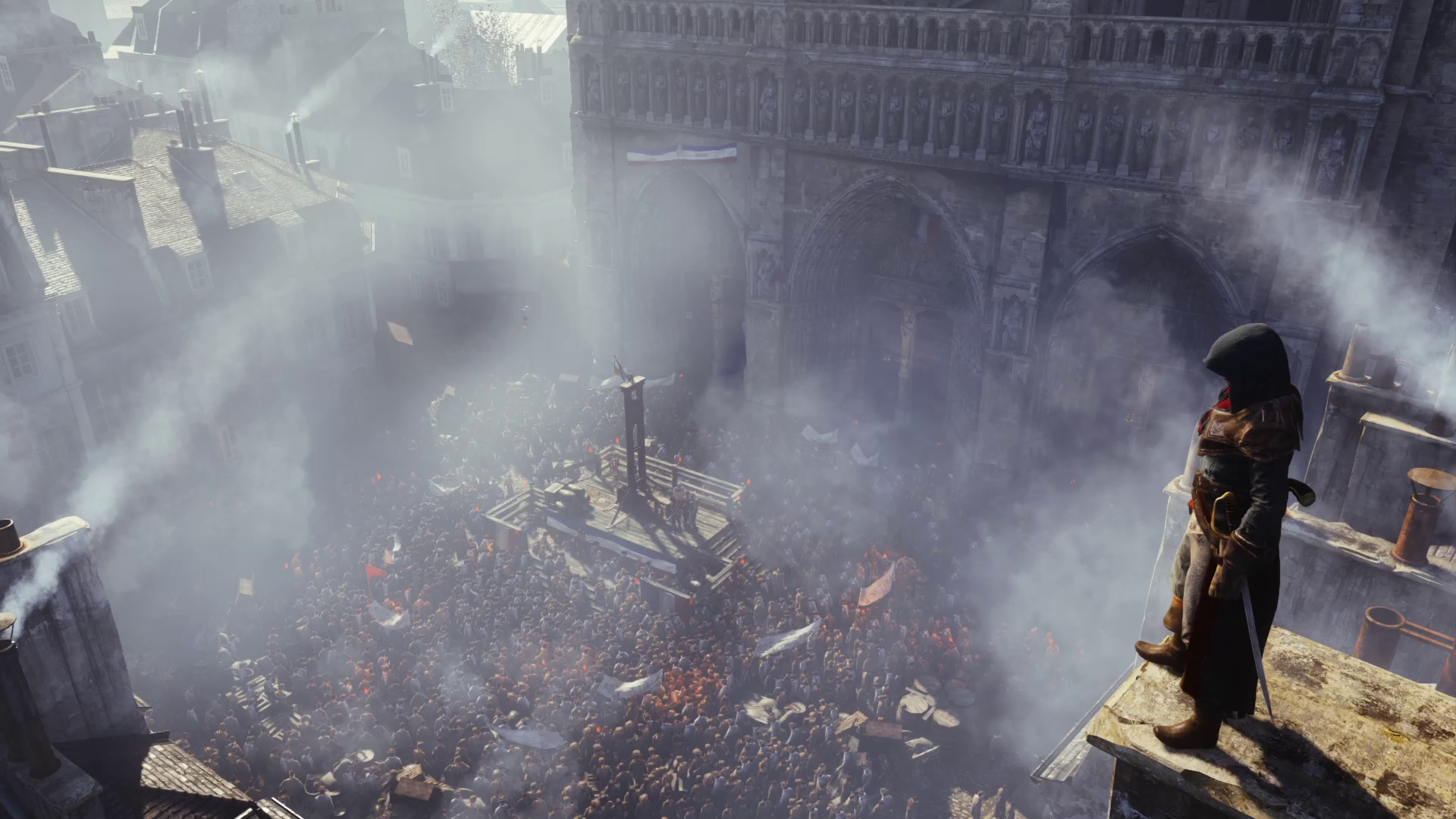 Assassin from Assassin's Creed overlooking a crowd and guillotine HD Wallpaper