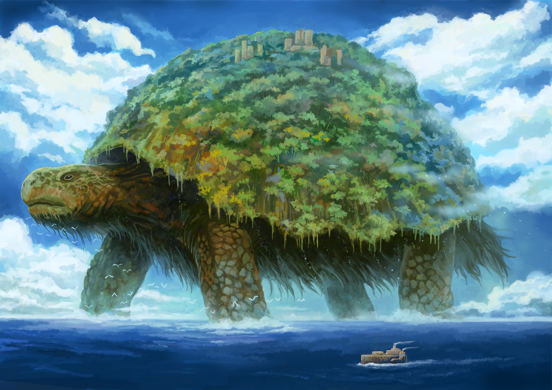 Giant turtle island with city and ship in ocean HD Wallpaper