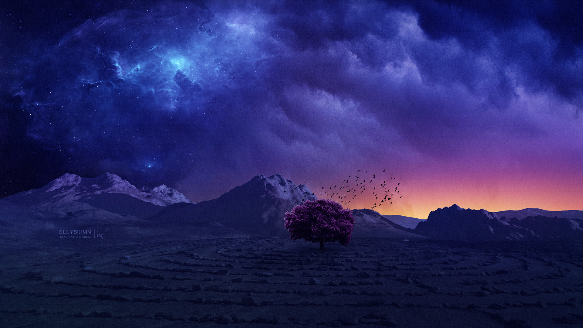 Fantasy Landscape with Tree and Mountains HD Wallpaper