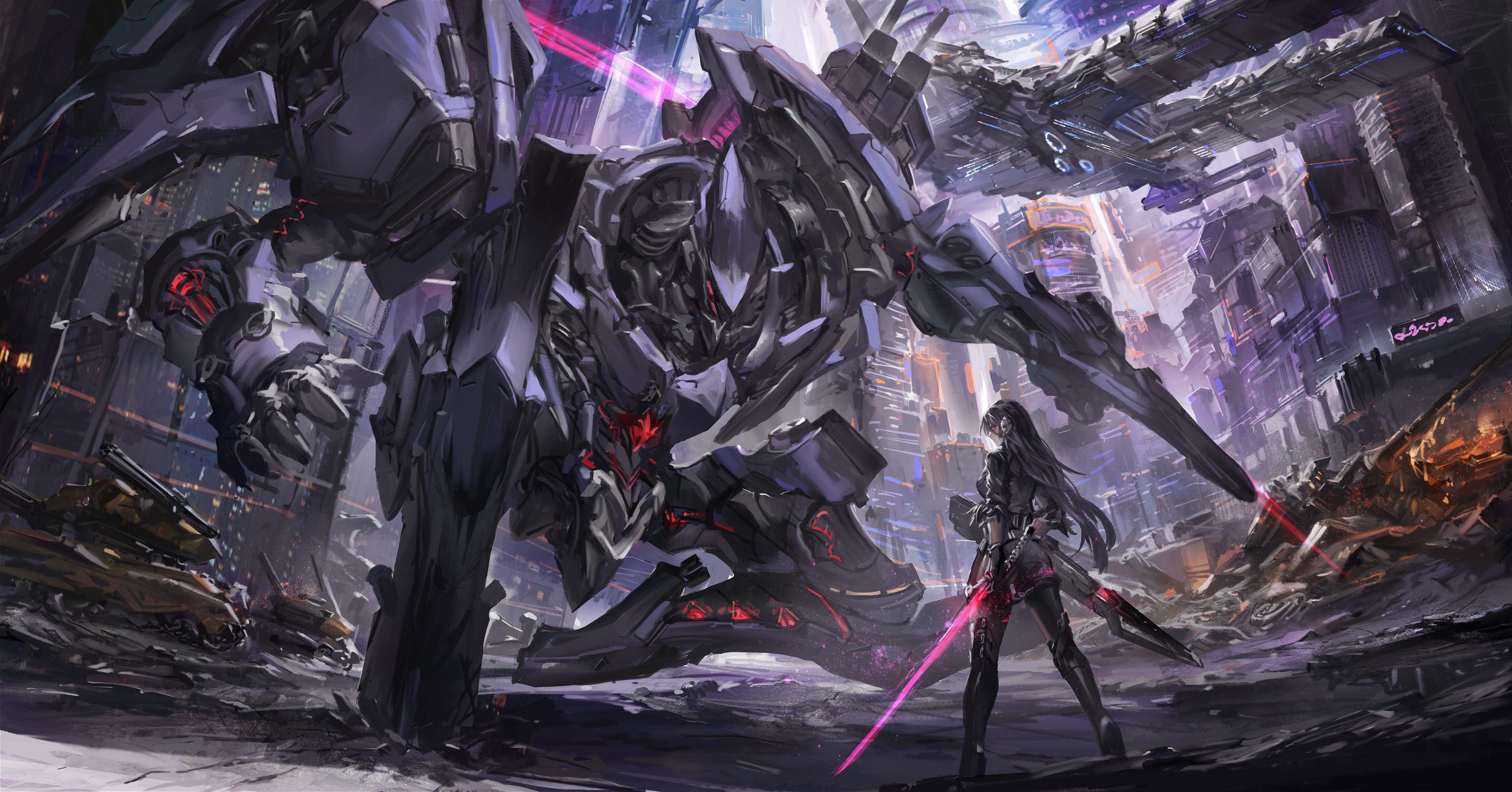 Girl with energy sword facing giant robot in ruined city HD Wallpaper