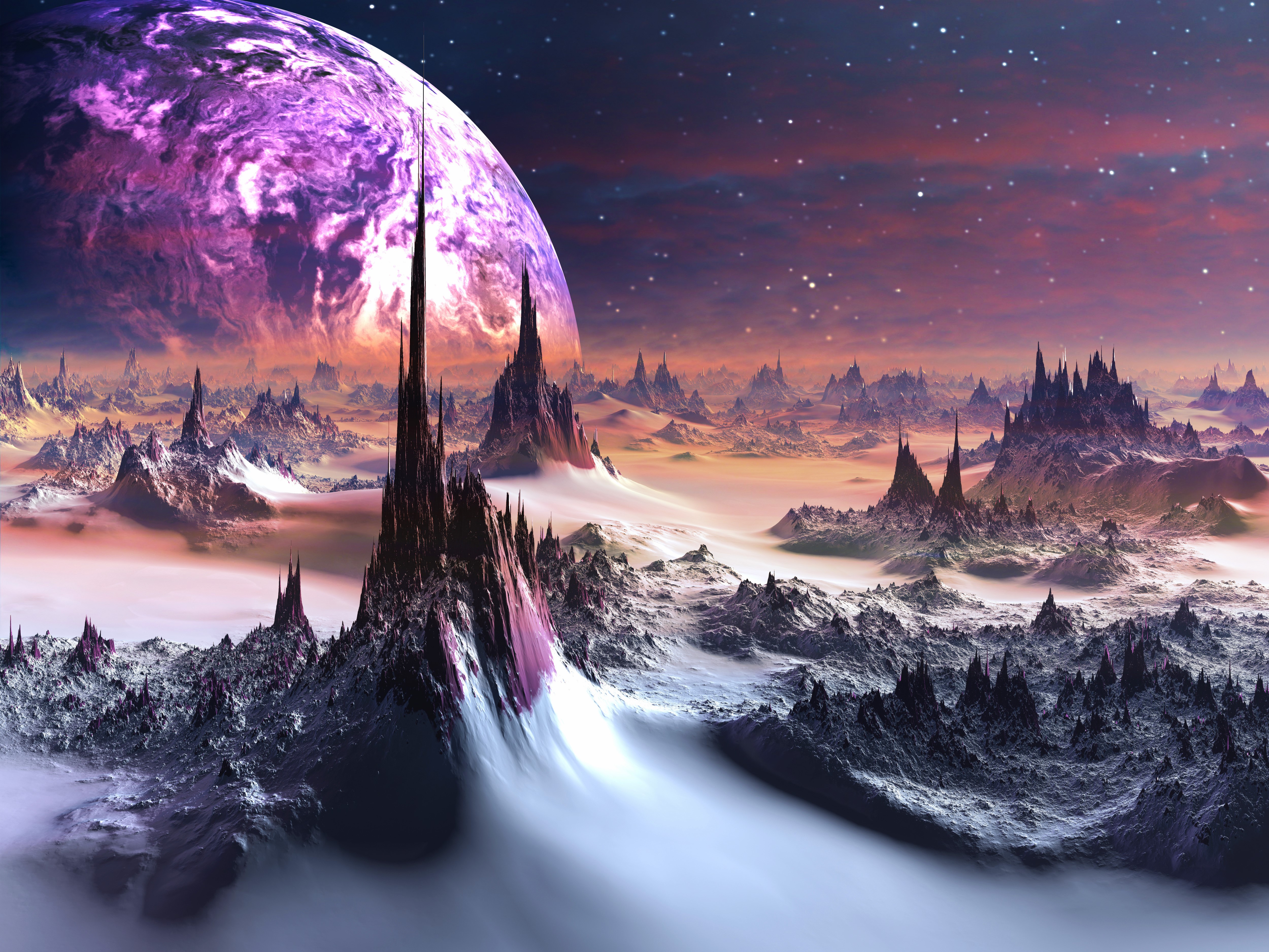 Purple planet over alien landscape HD Wallpaper