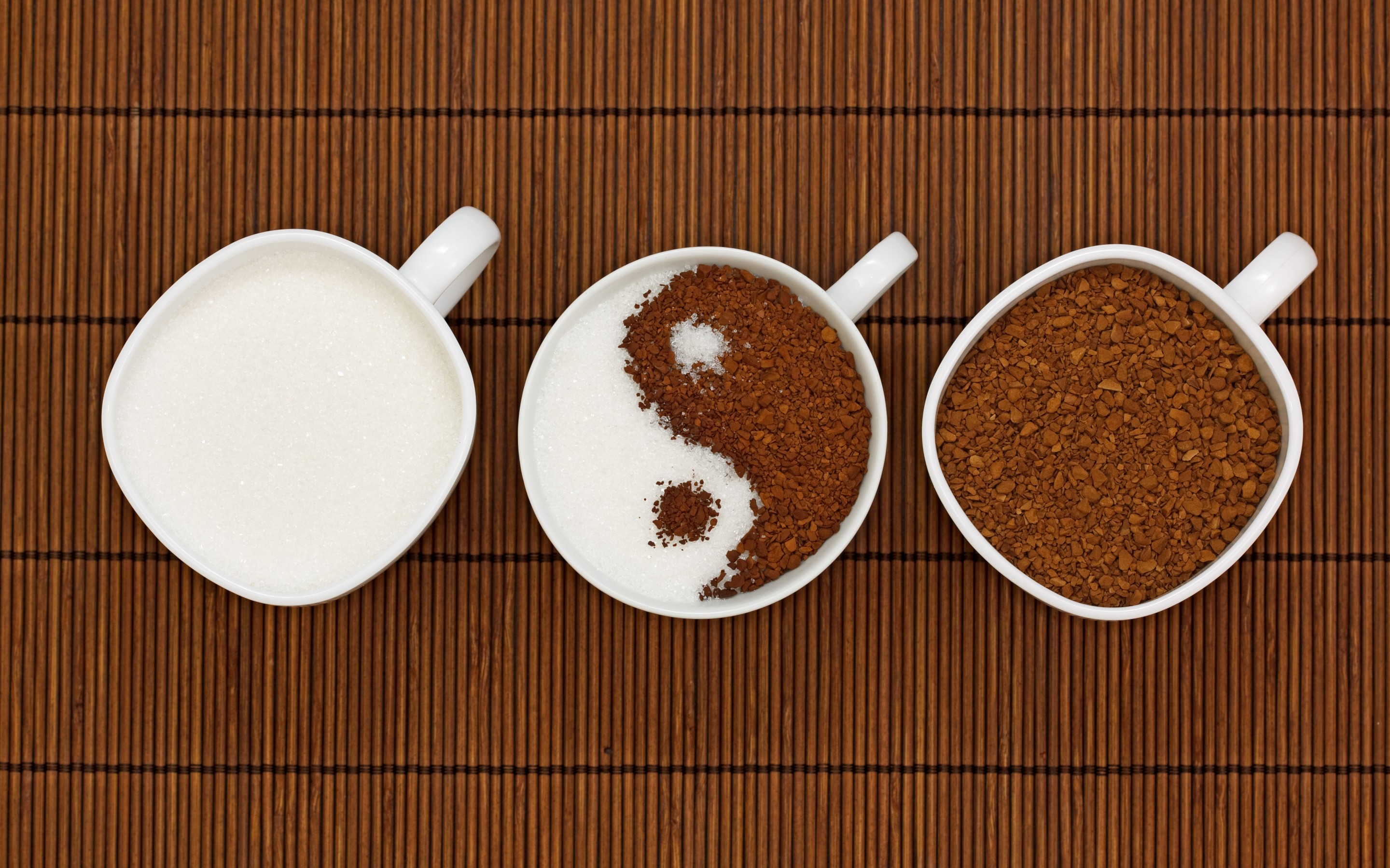 Coffee and sugar in cups on bamboo mat HD Wallpaper