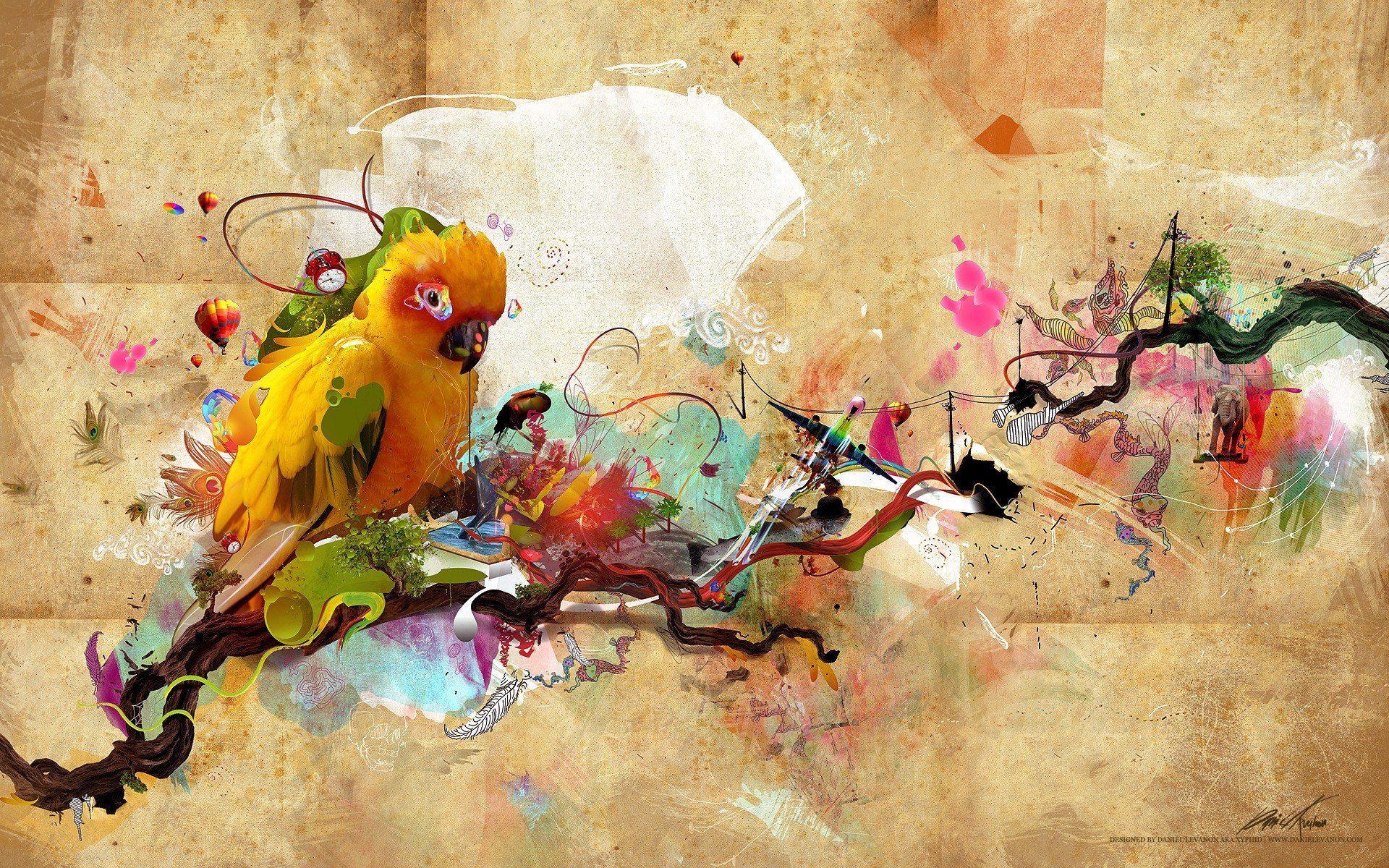 Yellow parrot on a branch with colorful abstract art HD Wallpaper