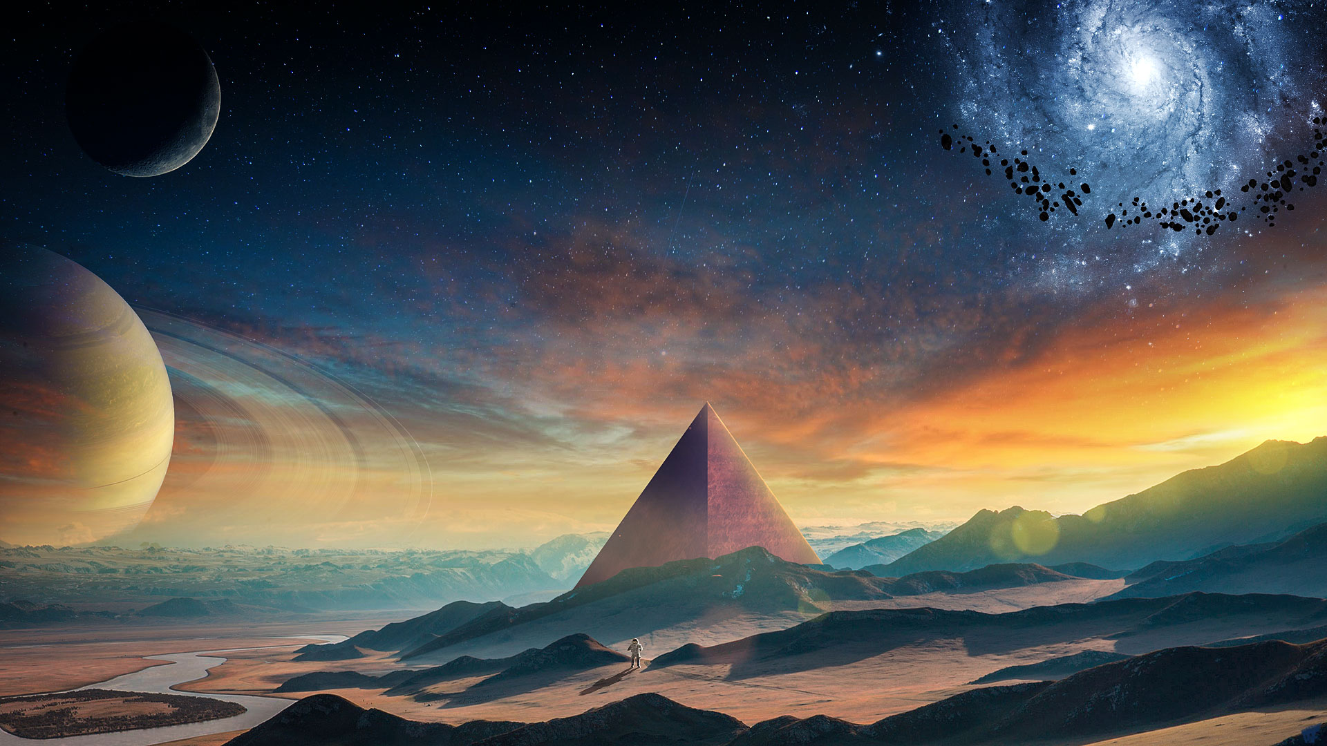 Astronaut in a Sci-Fi Landscape with Planets and Galaxy HD Wallpaper