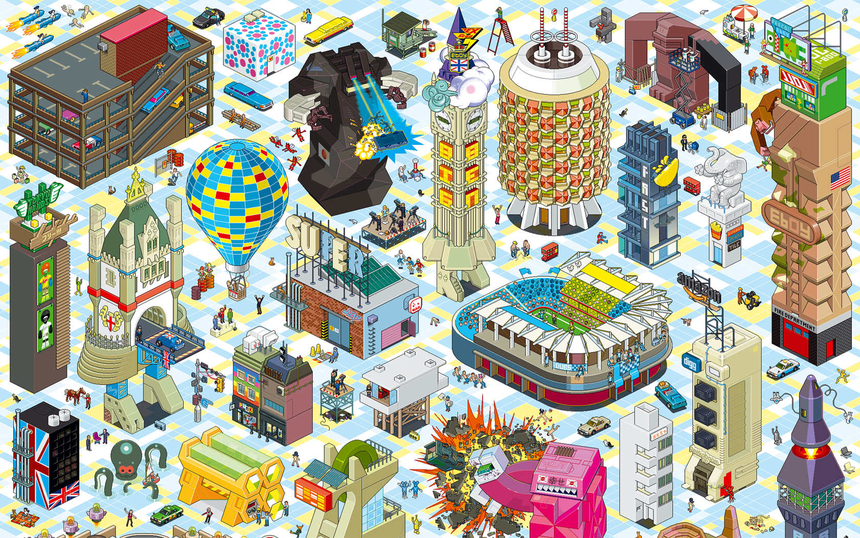 Eboy isometric cityscape with buildings and vehicles HD Wallpaper