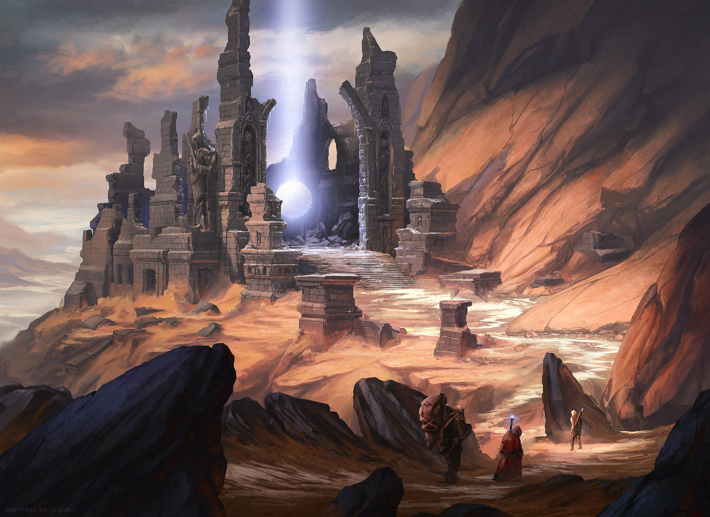 Ancient ruins with a glowing orb and travelers HD Wallpaper