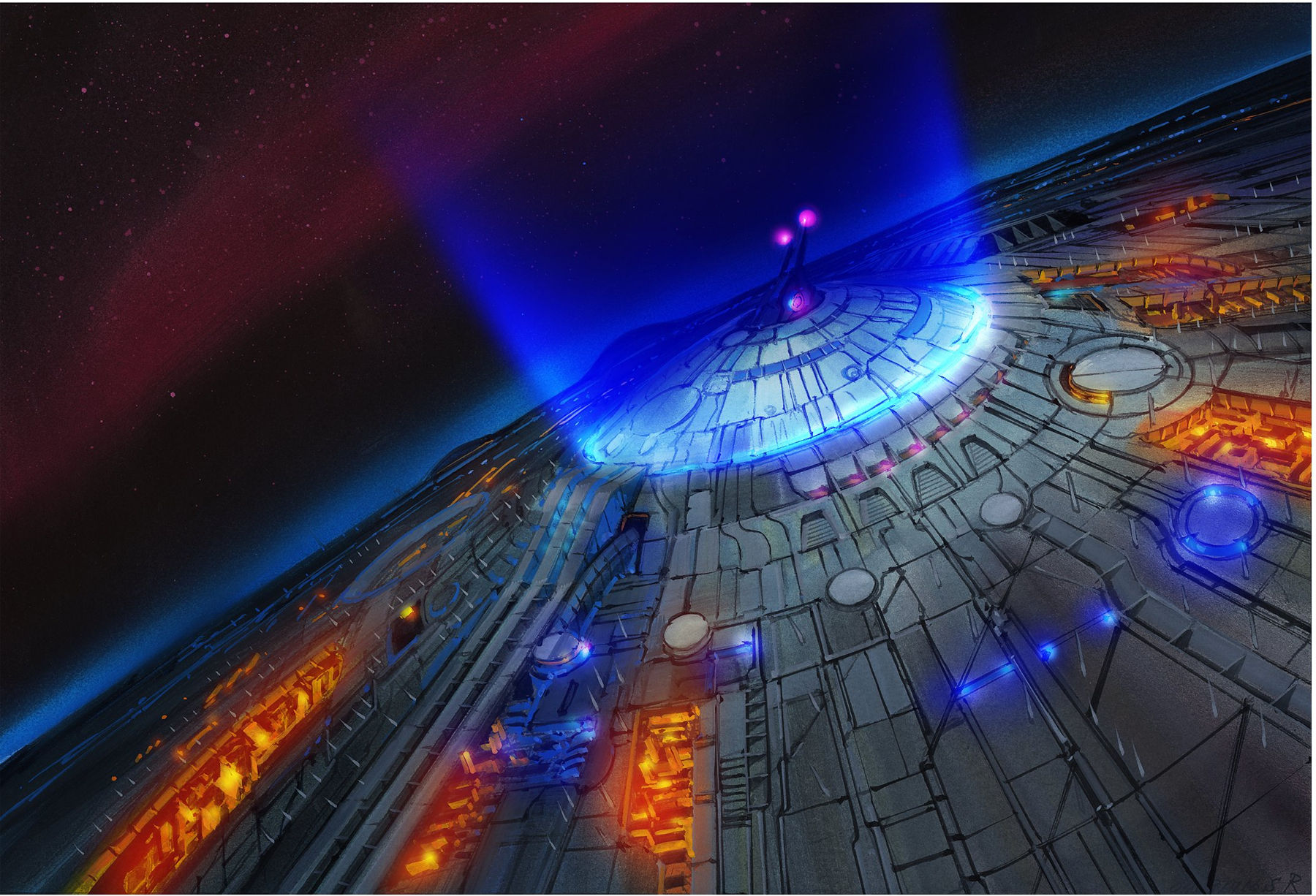 Sci-Fi spaceship with blue and orange lights in space HD Wallpaper