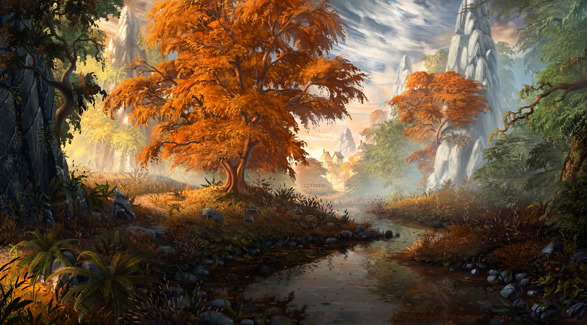 Autumn landscape with a river and trees HD Wallpaper