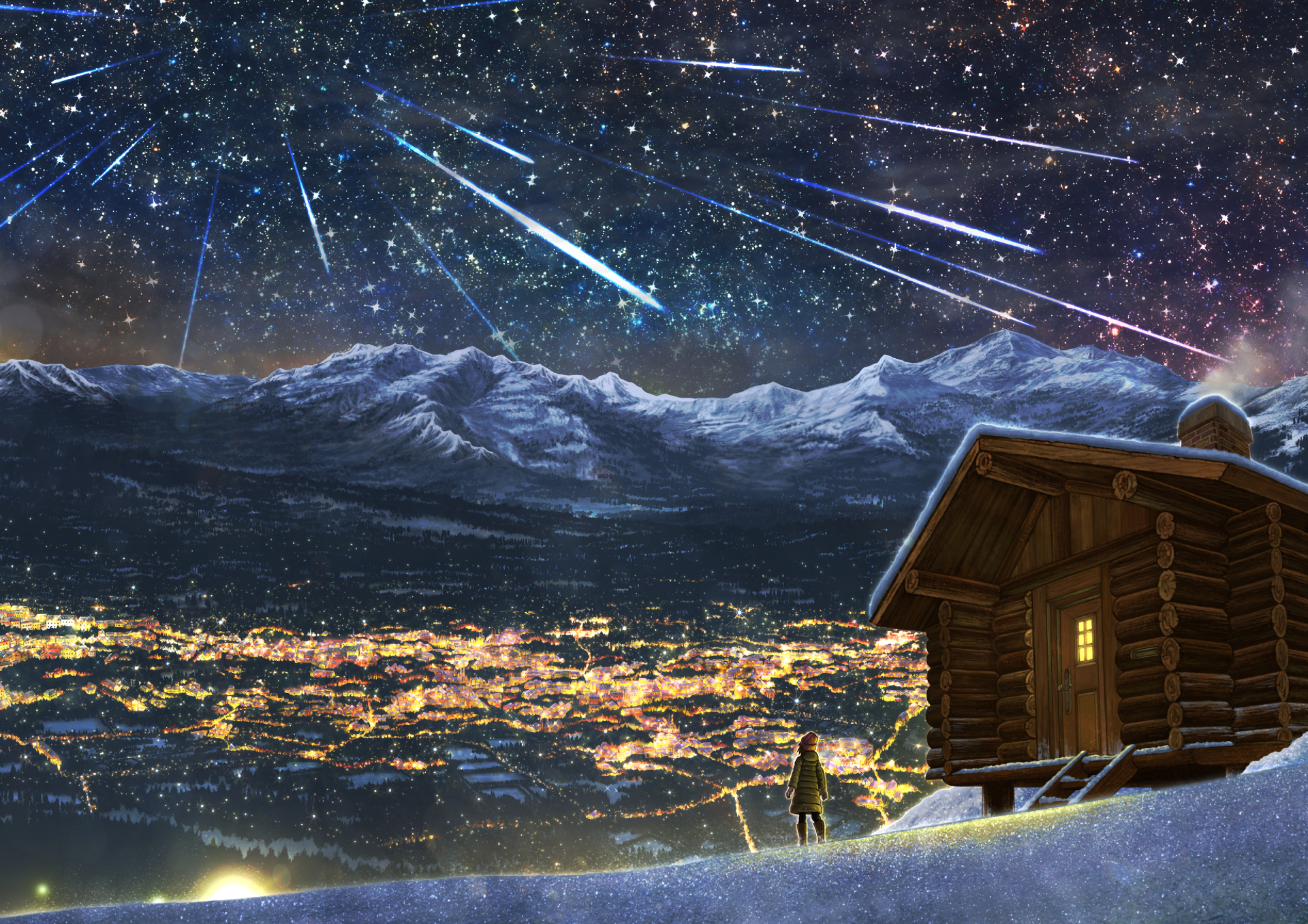 Log cabin overlooking city lights under meteor shower HD Wallpaper