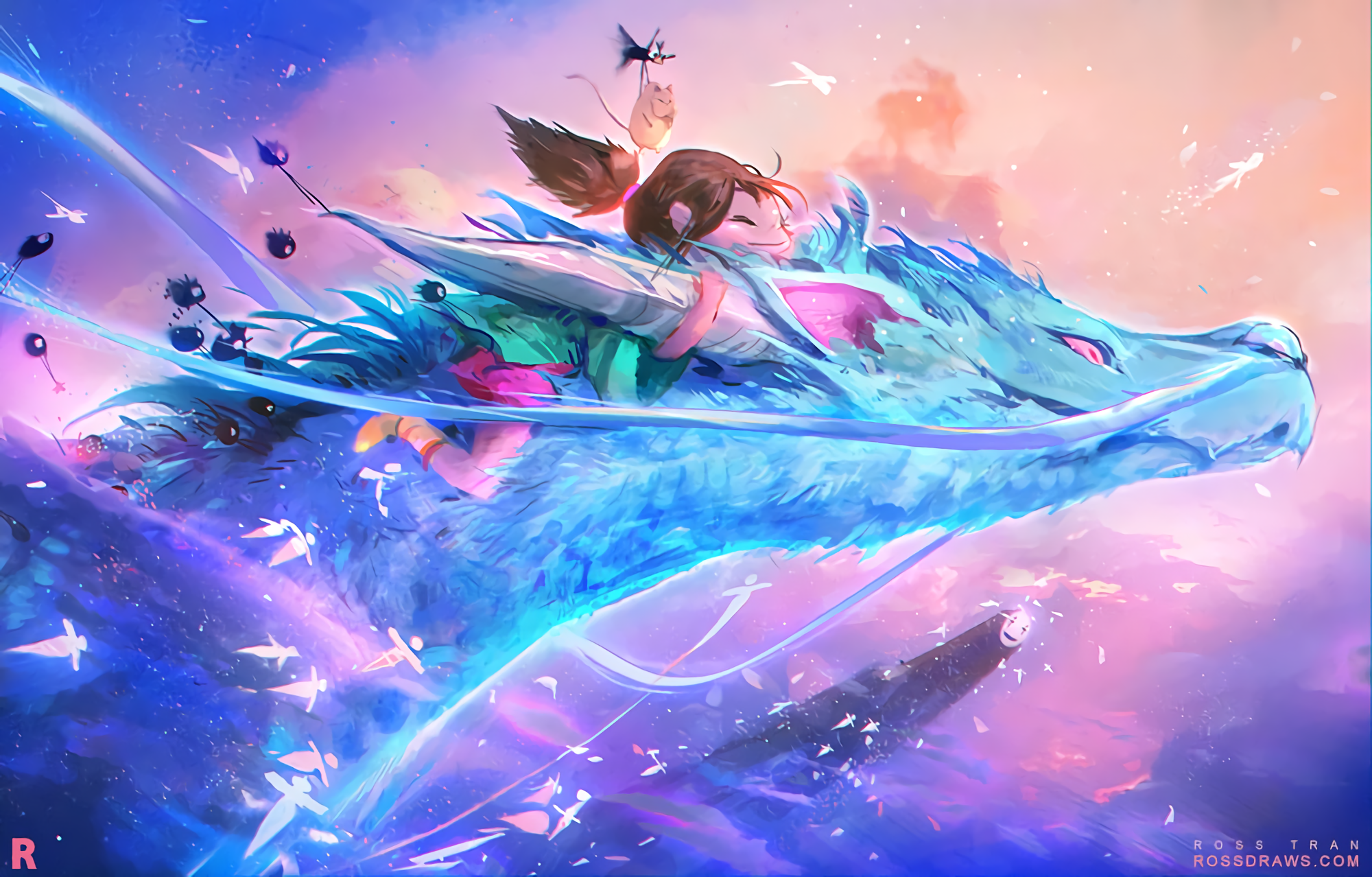 Chihiro and Haku flying on a dragon from Spirited Away HD Wallpaper