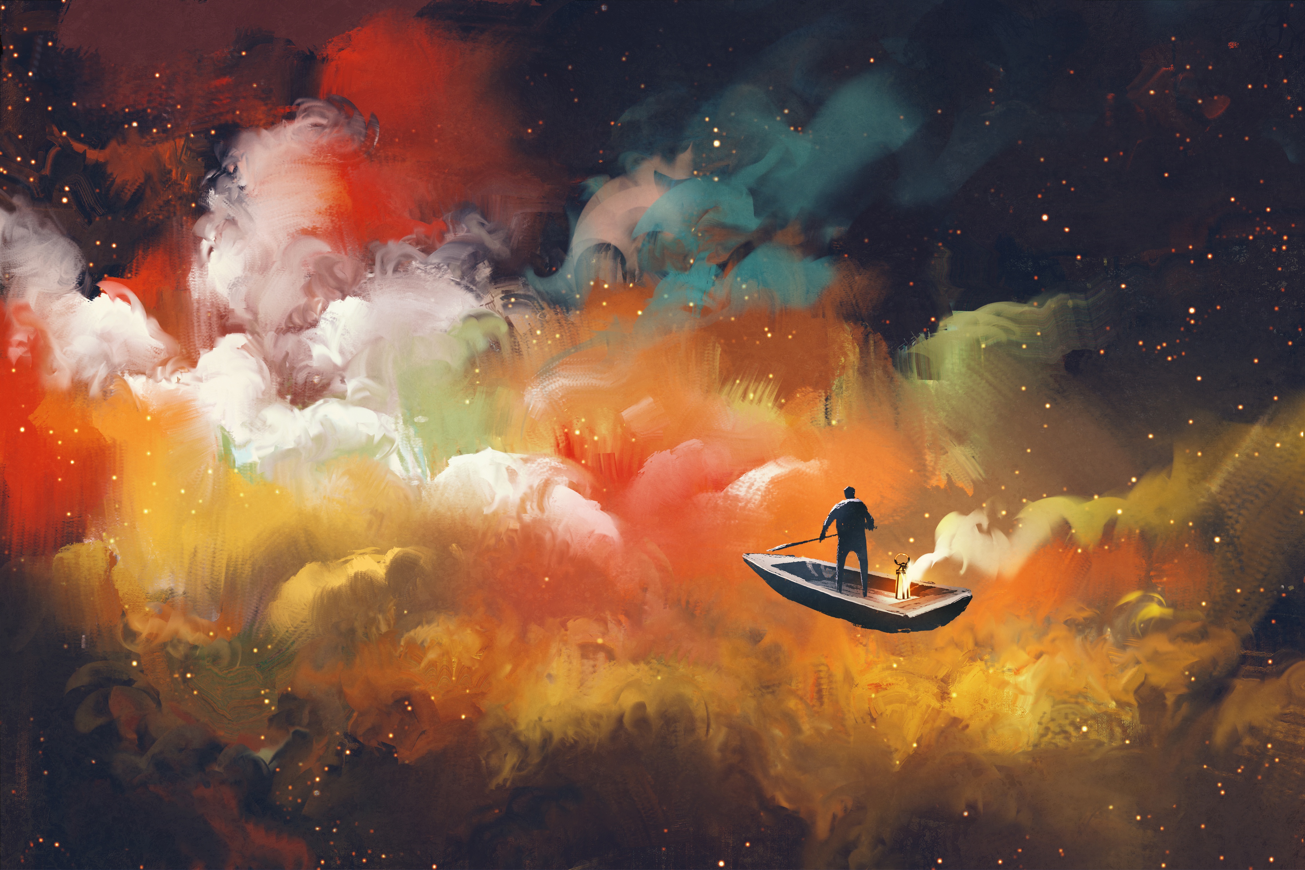Man and dog in a boat in colorful nebula HD Wallpaper