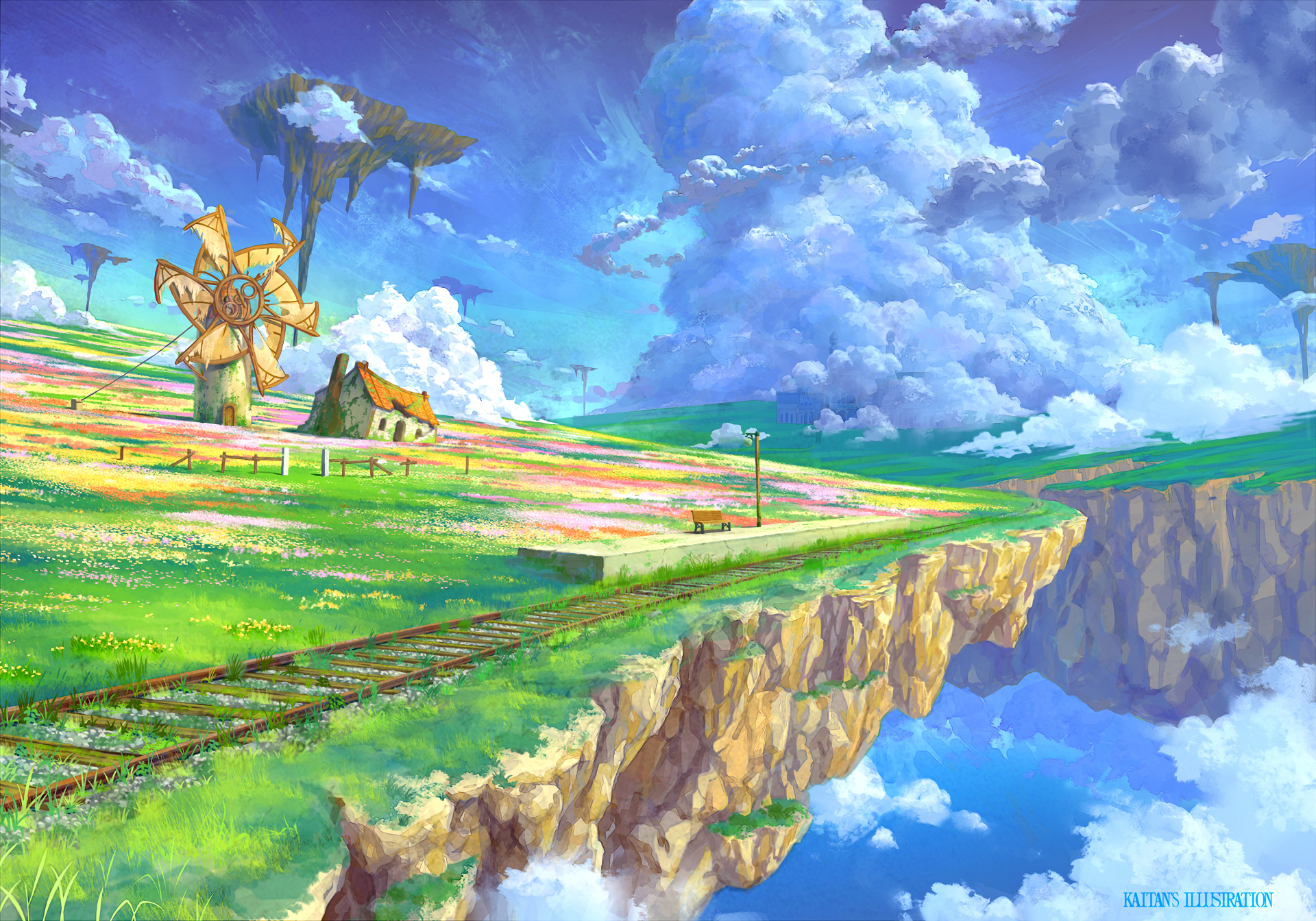 Fantasy landscape with windmill, house, and train tracks on a cliff HD Wallpaper